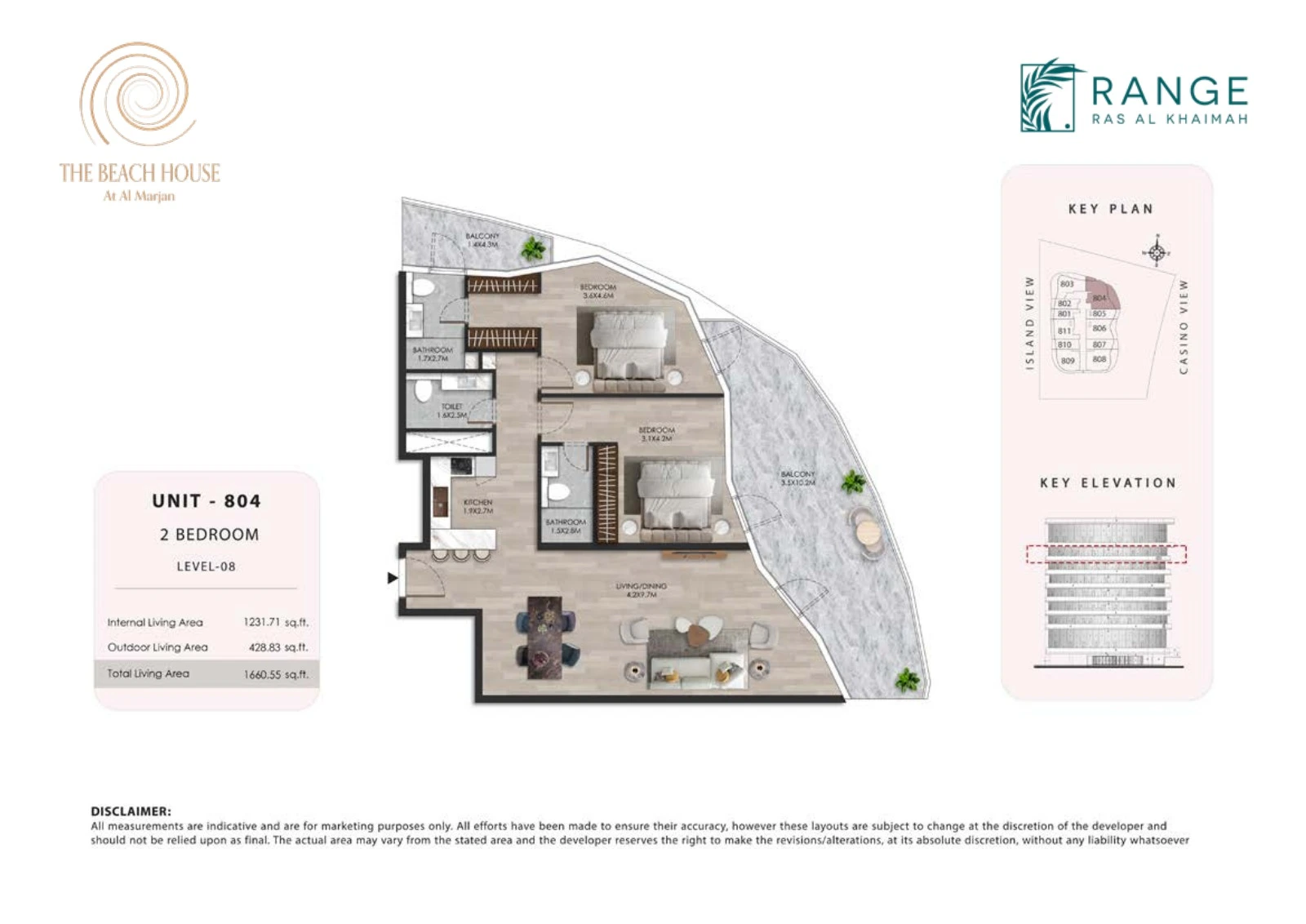 The Beach House 2 bedroom Unit 804 apartment floor plan, 1,660.55 sq ft