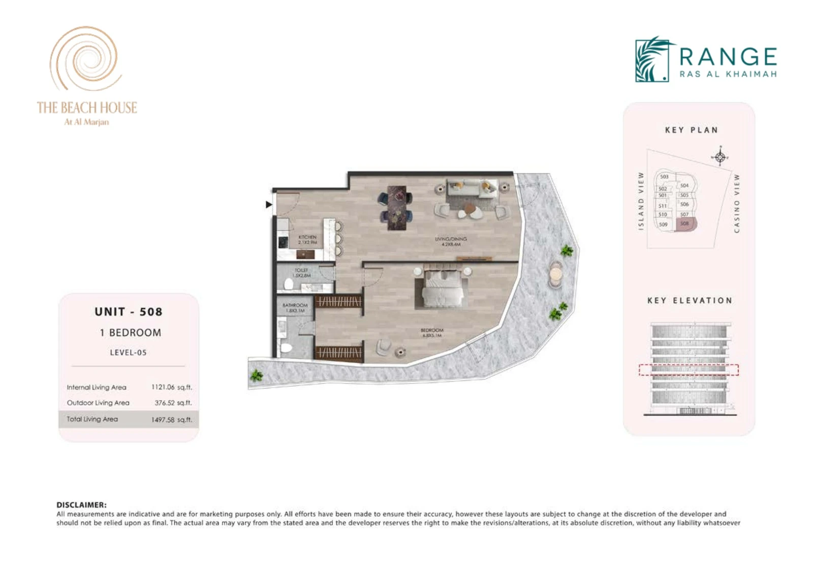 The Beach House 1 bedroom Unit 508 apartment floor plan, 1,497.58 sq ft