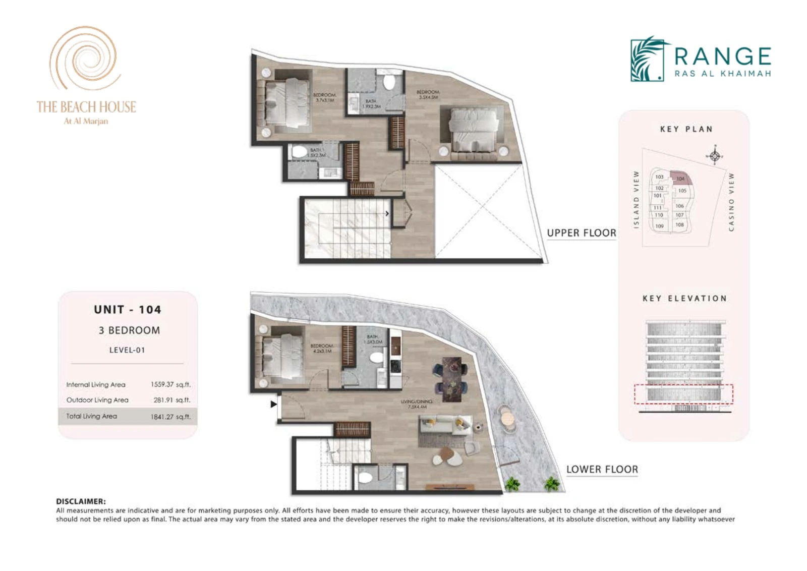 The Beach House 3 bedroom Unit 104 duplex floor plan showing upper and lower floors, 1,841.27 sq ft