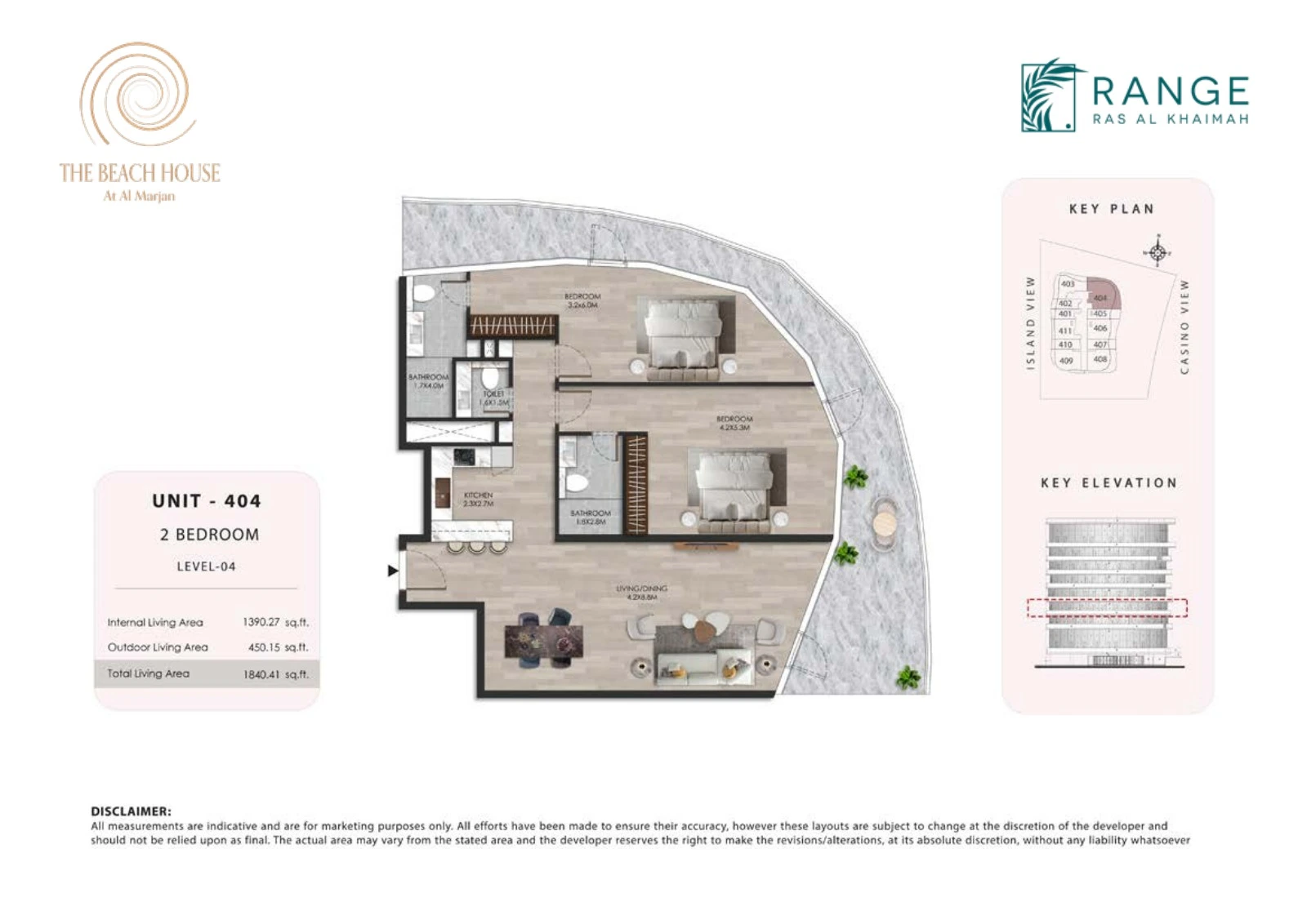 The Beach House 2 bedroom Unit 404 apartment floor plan, 1,840.41 sq ft