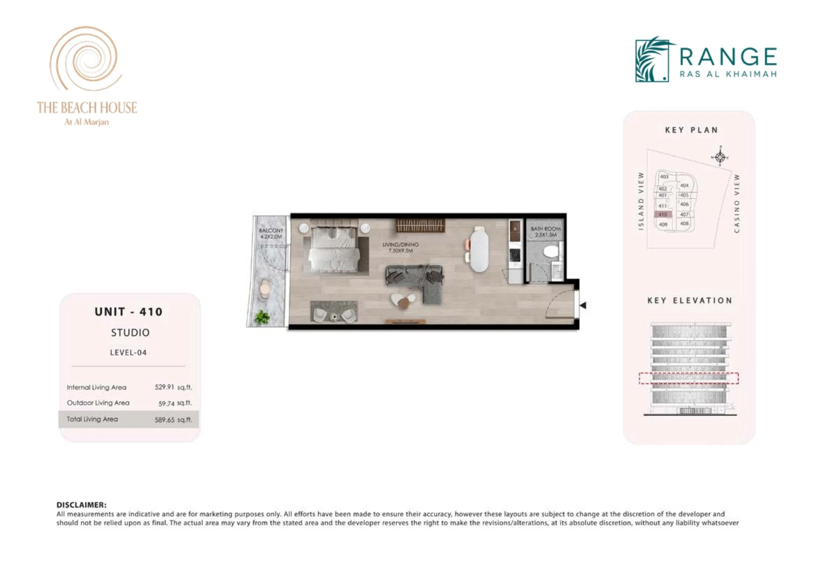 The Beach House studio Unit 410 apartment floor plan, 589.65 sq ft