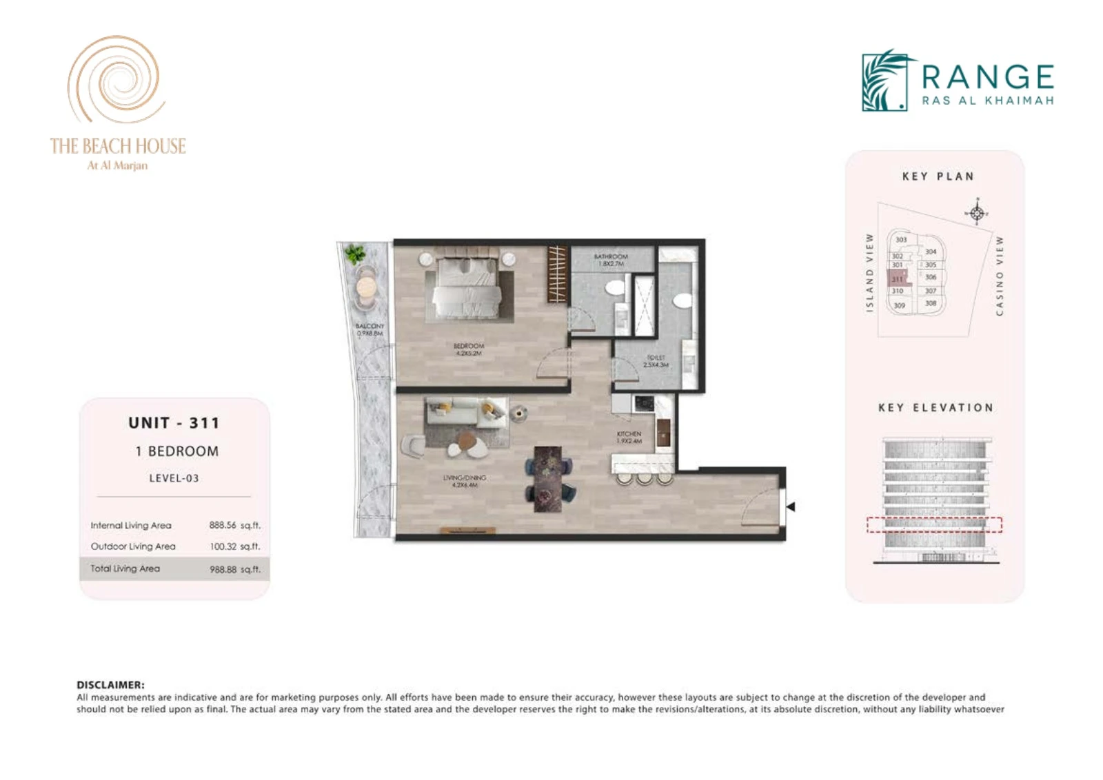 The Beach House 1 bedroom Unit 311 apartment floor plan, 988.88 sq ft