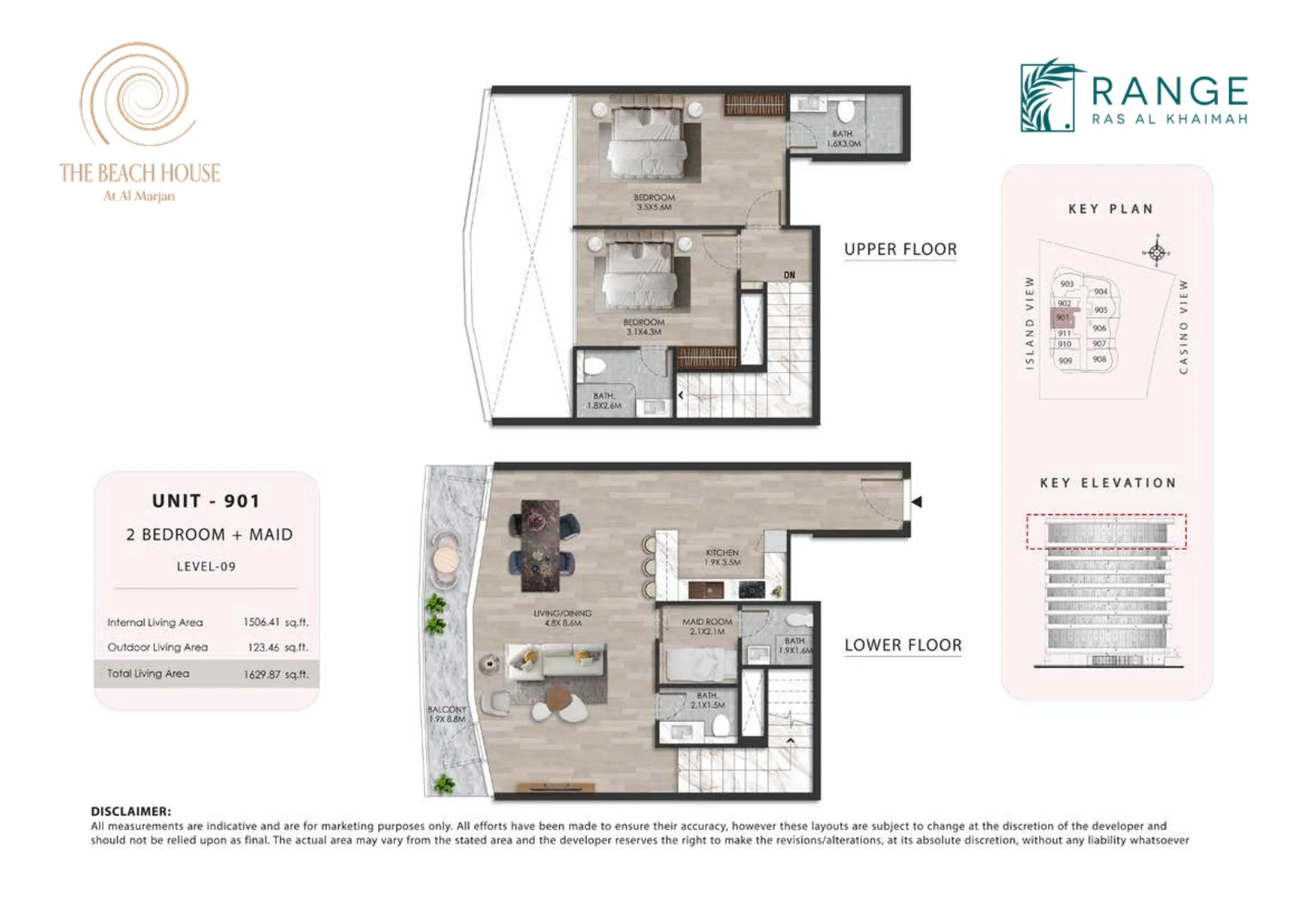 The Beach House 2 bedroom + maid Unit 901 duplex floor plan showing upper and lower floors, 1,629.87 sq ft