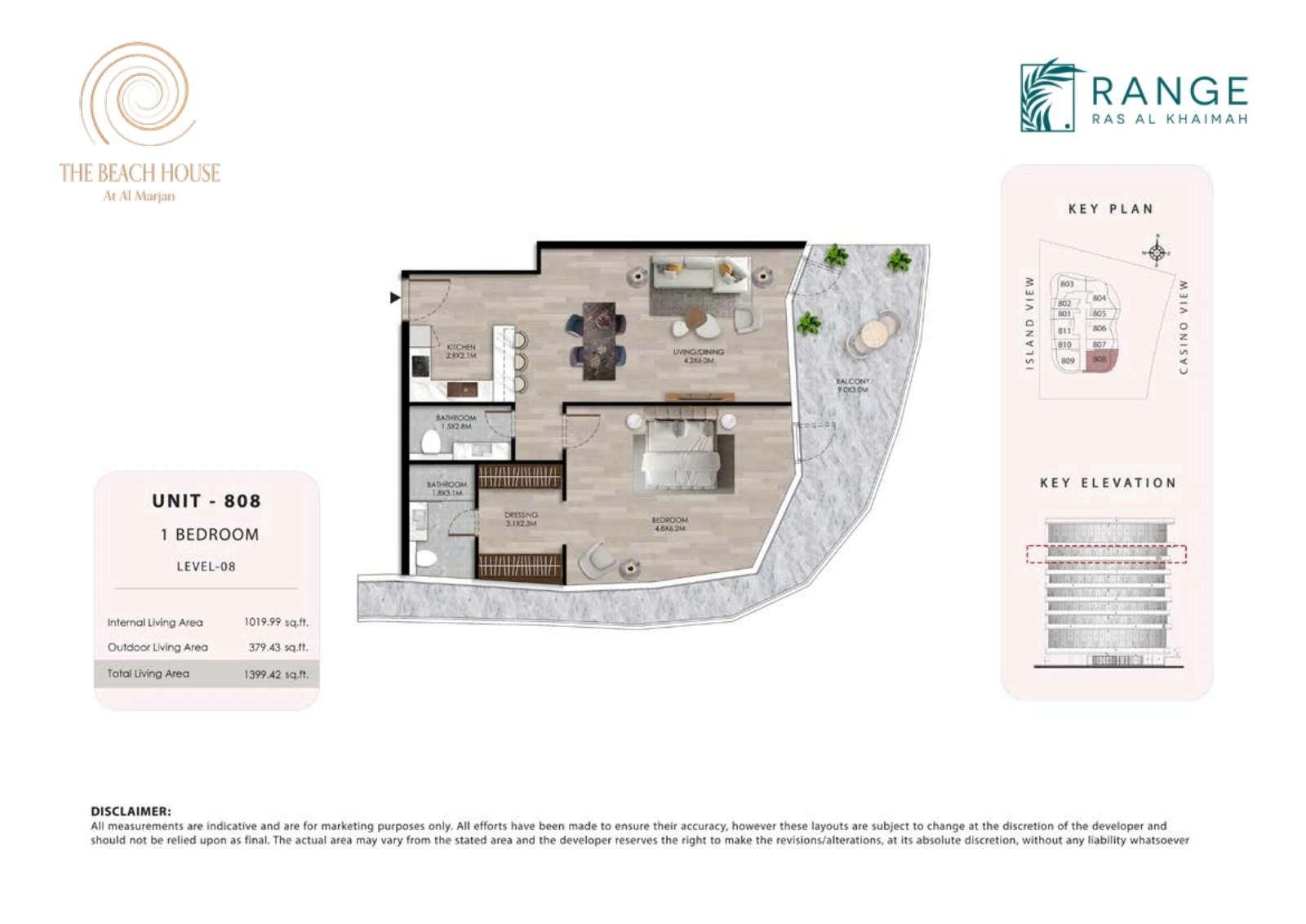 The Beach House 1 bedroom Unit 808 apartment floor plan, 1,399.42 sq ft