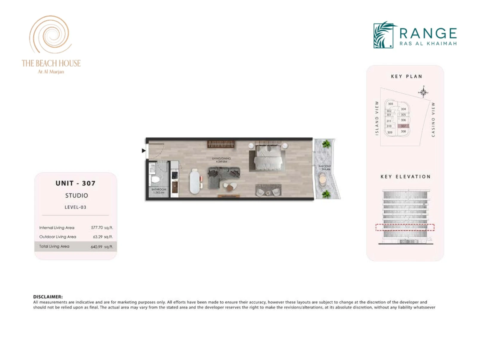 The Beach House studio Unit 307 apartment floor plan, 640.99 sq ft