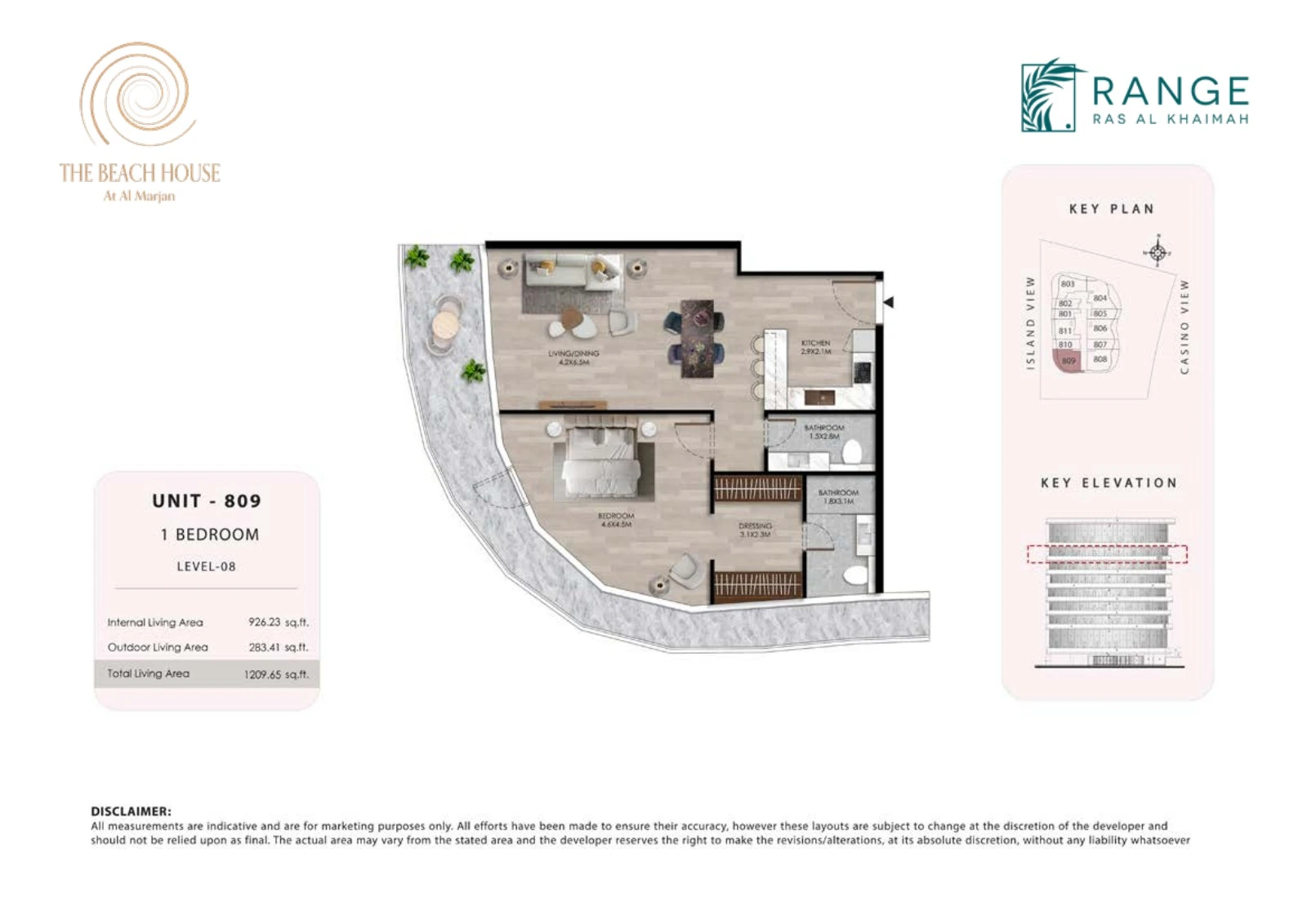 The Beach House 1 bedroom Unit 809 apartment floor plan, 1,209.65 sq ft