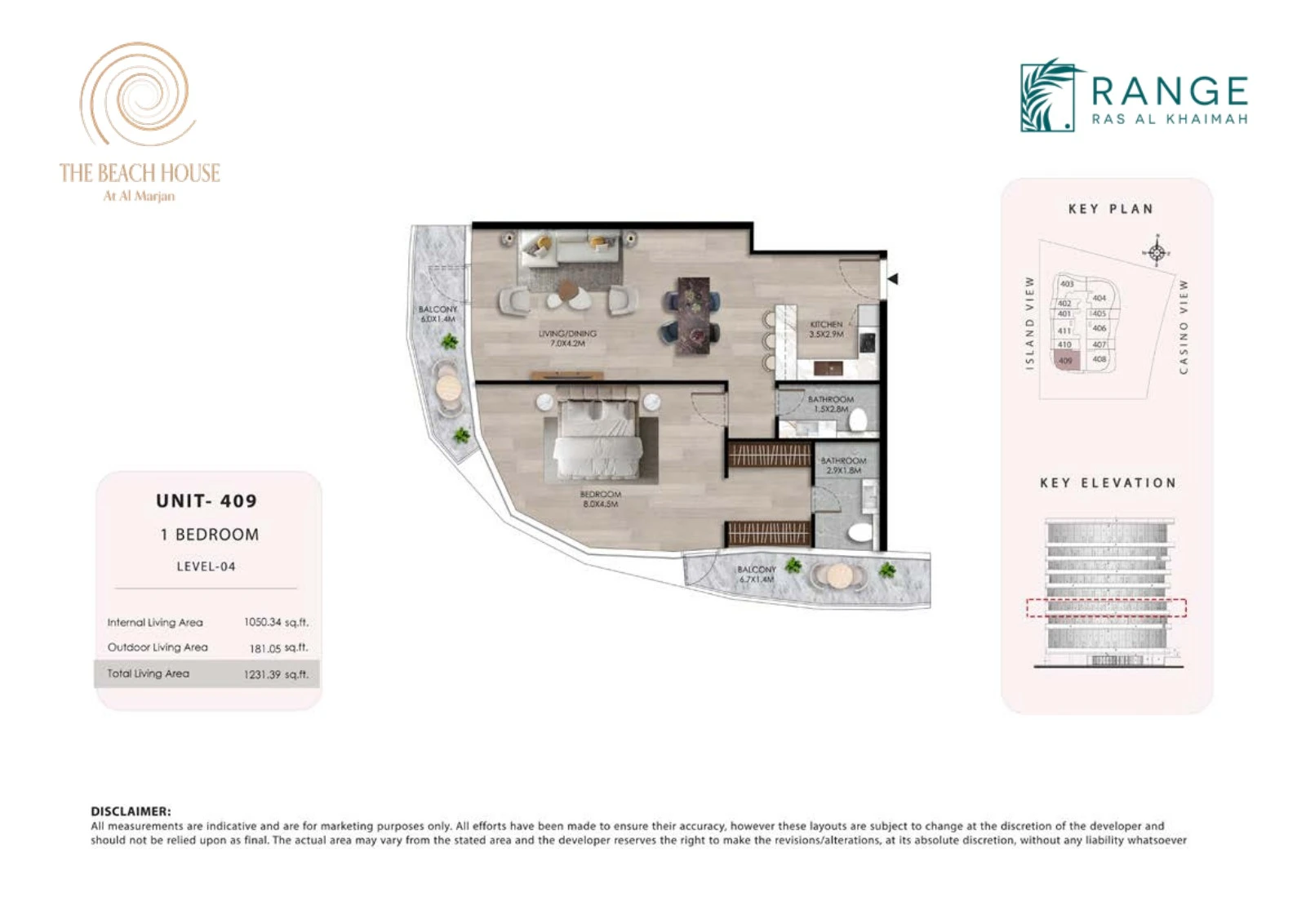 The Beach House 1 bedroom Unit 409 apartment floor plan, 1,231.39 sq ft
