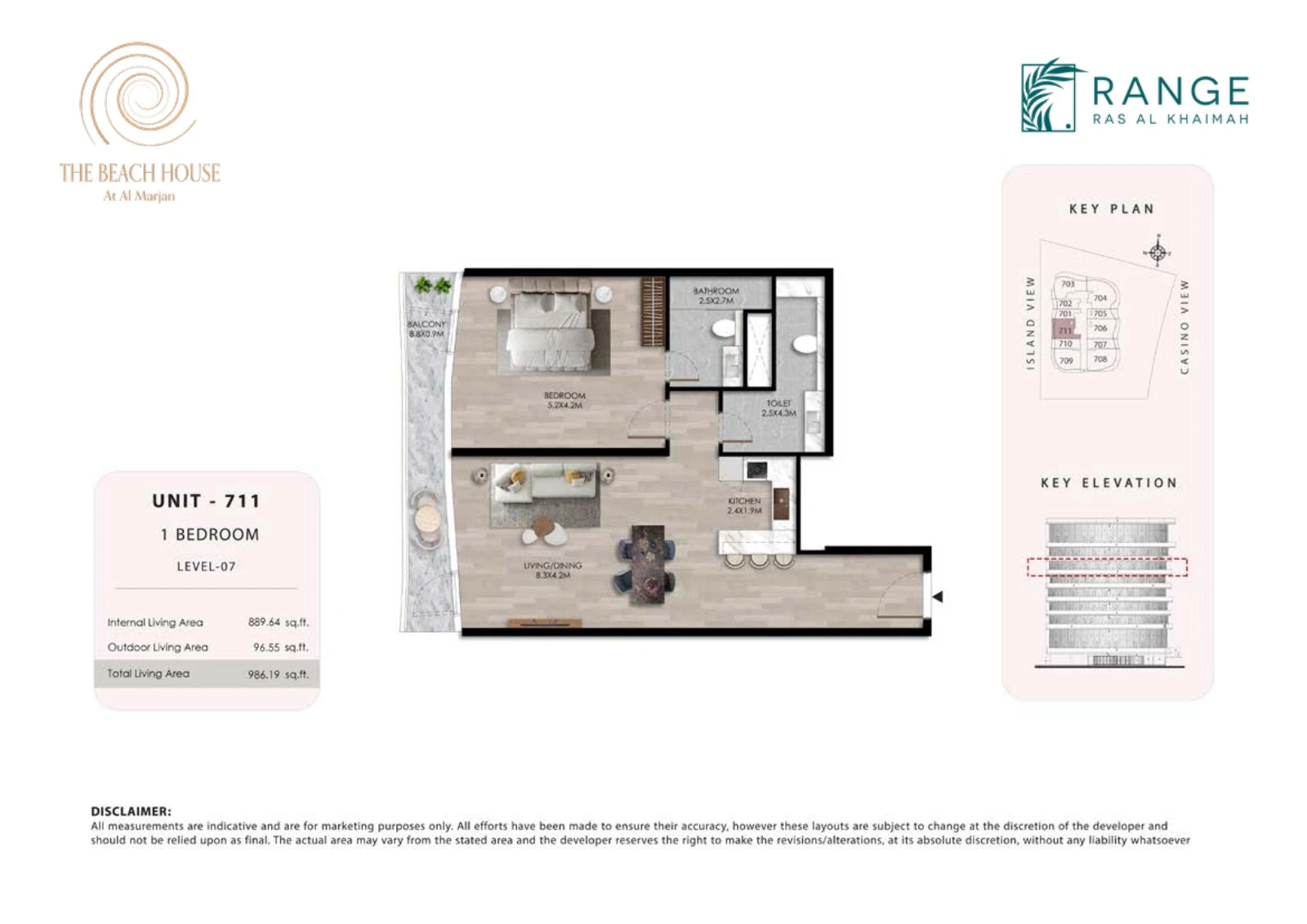 The Beach House 1 bedroom Unit 711 apartment floor plan, 986.19 sq ft