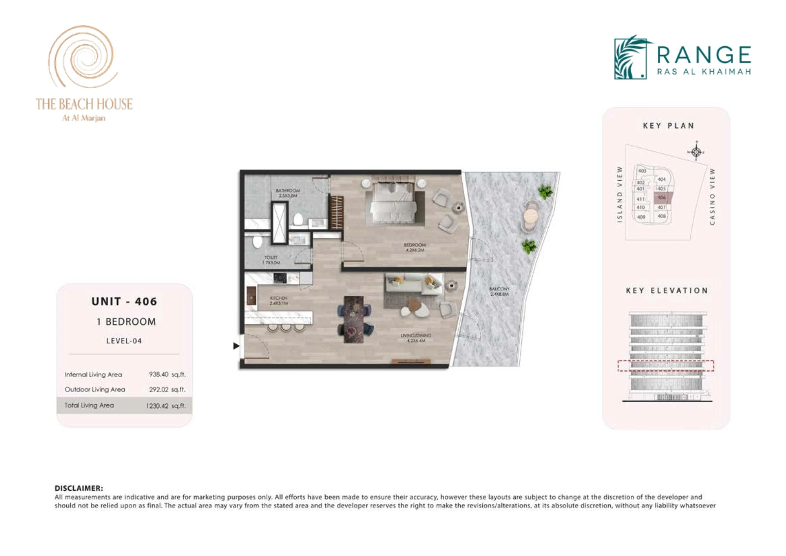 The Beach House 1 bedroom Unit 406 apartment floor plan, 1,230.42 sq ft
