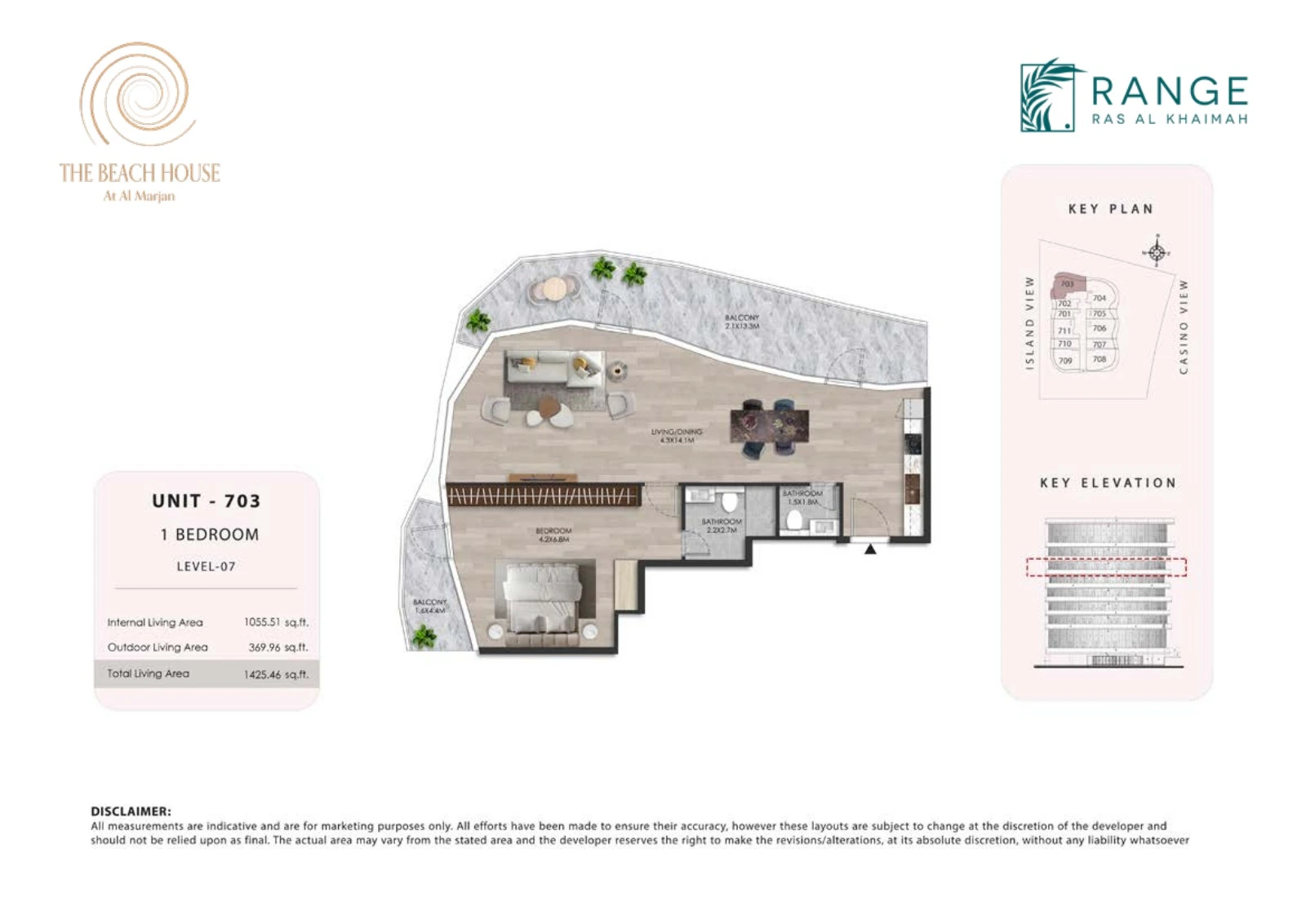 The Beach House 1 bedroom Unit 703 apartment floor plan, 1,425.46 sq ft