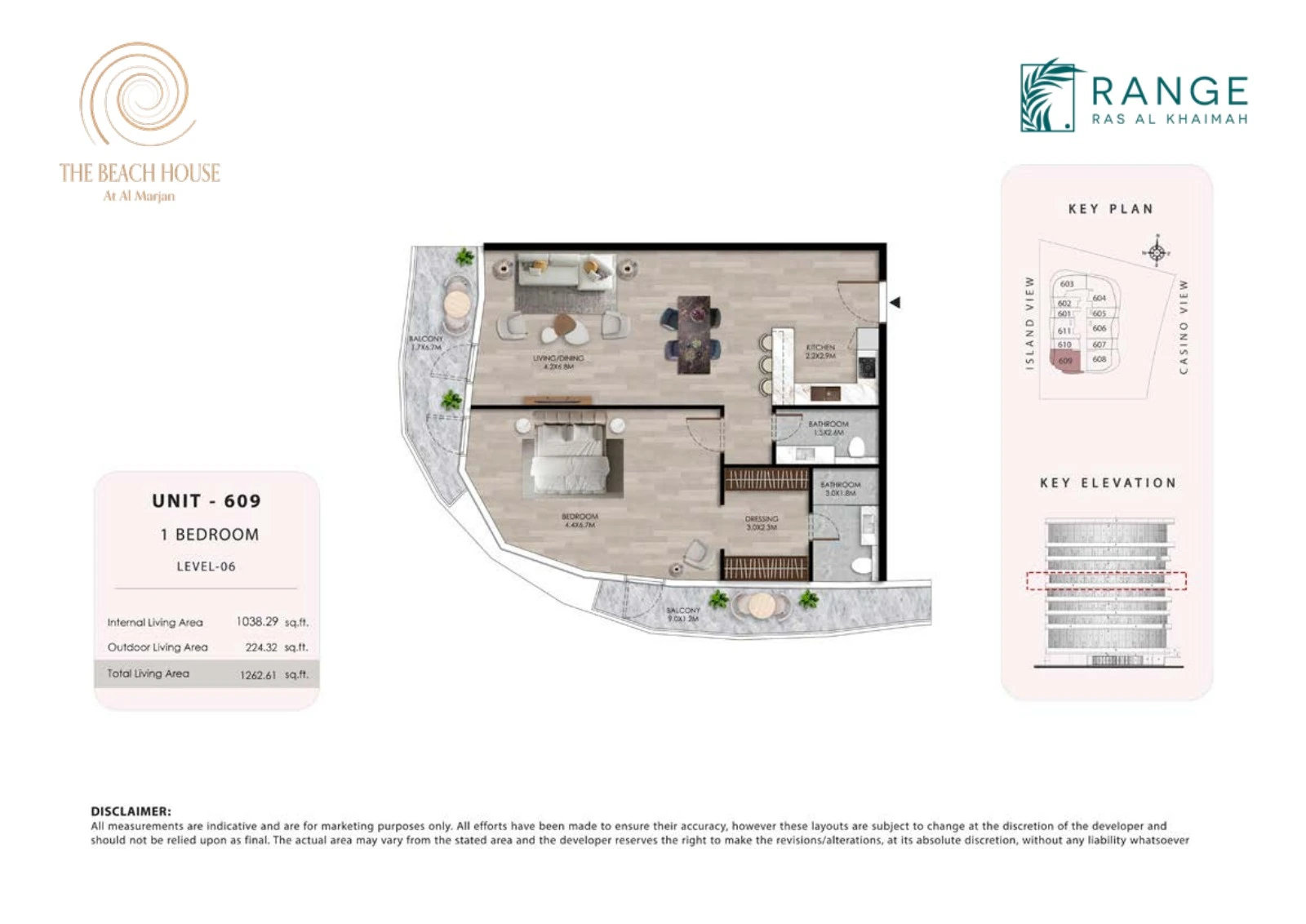 The Beach House 1 bedroom Unit 609 apartment floor plan, 1,262.61 sq ft