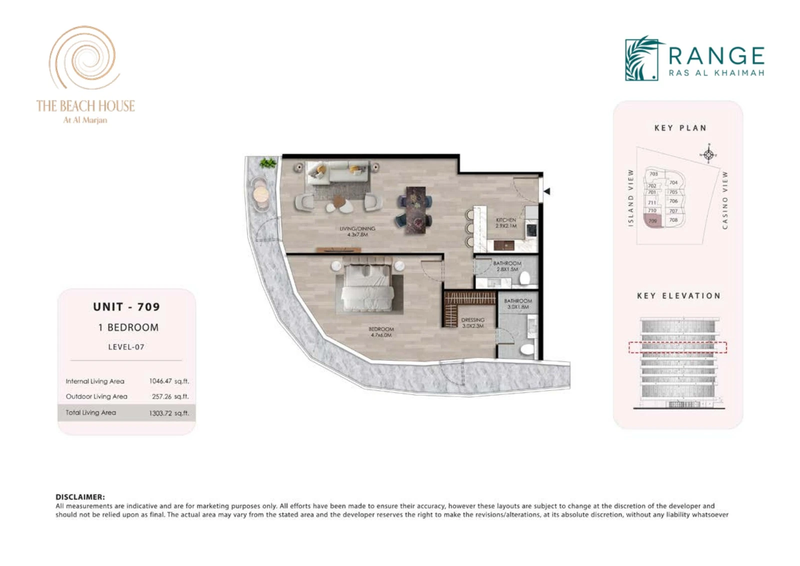 The Beach House 1 bedroom Unit 709 apartment floor plan, 1,303.72 sq ft