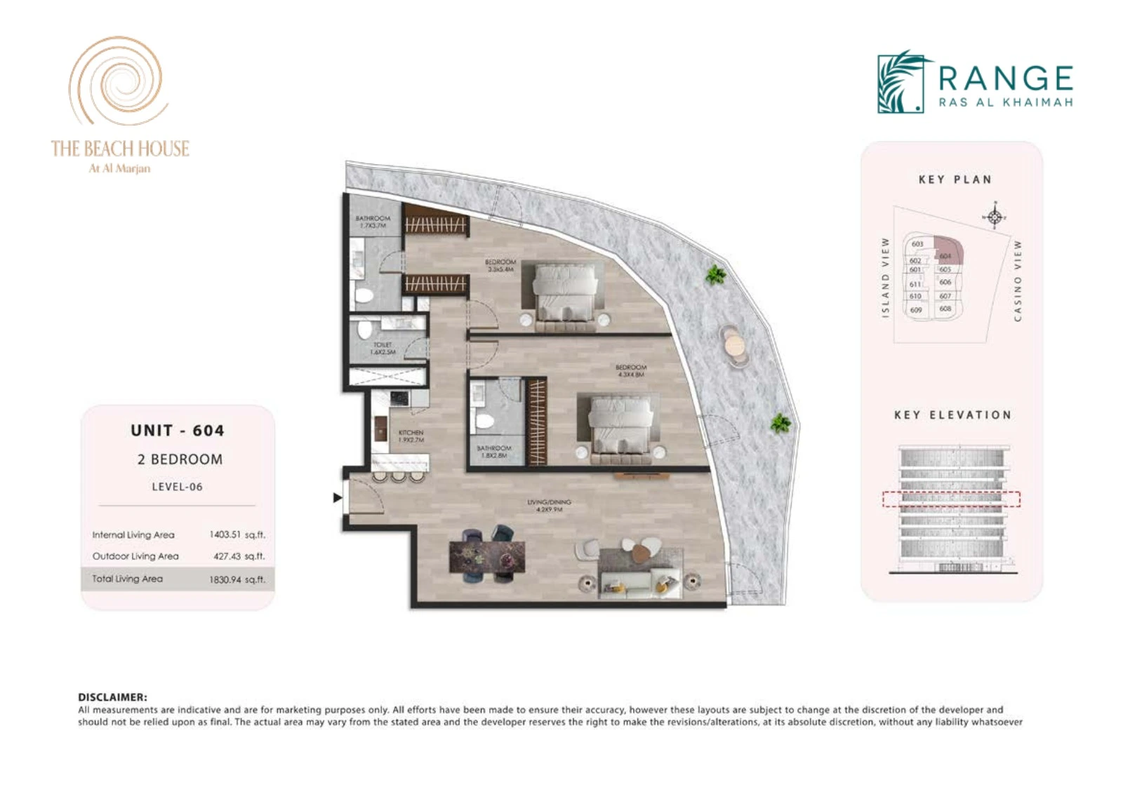 The Beach House 2 bedroom Unit 604 apartment floor plan, 1,830.94 sq ft