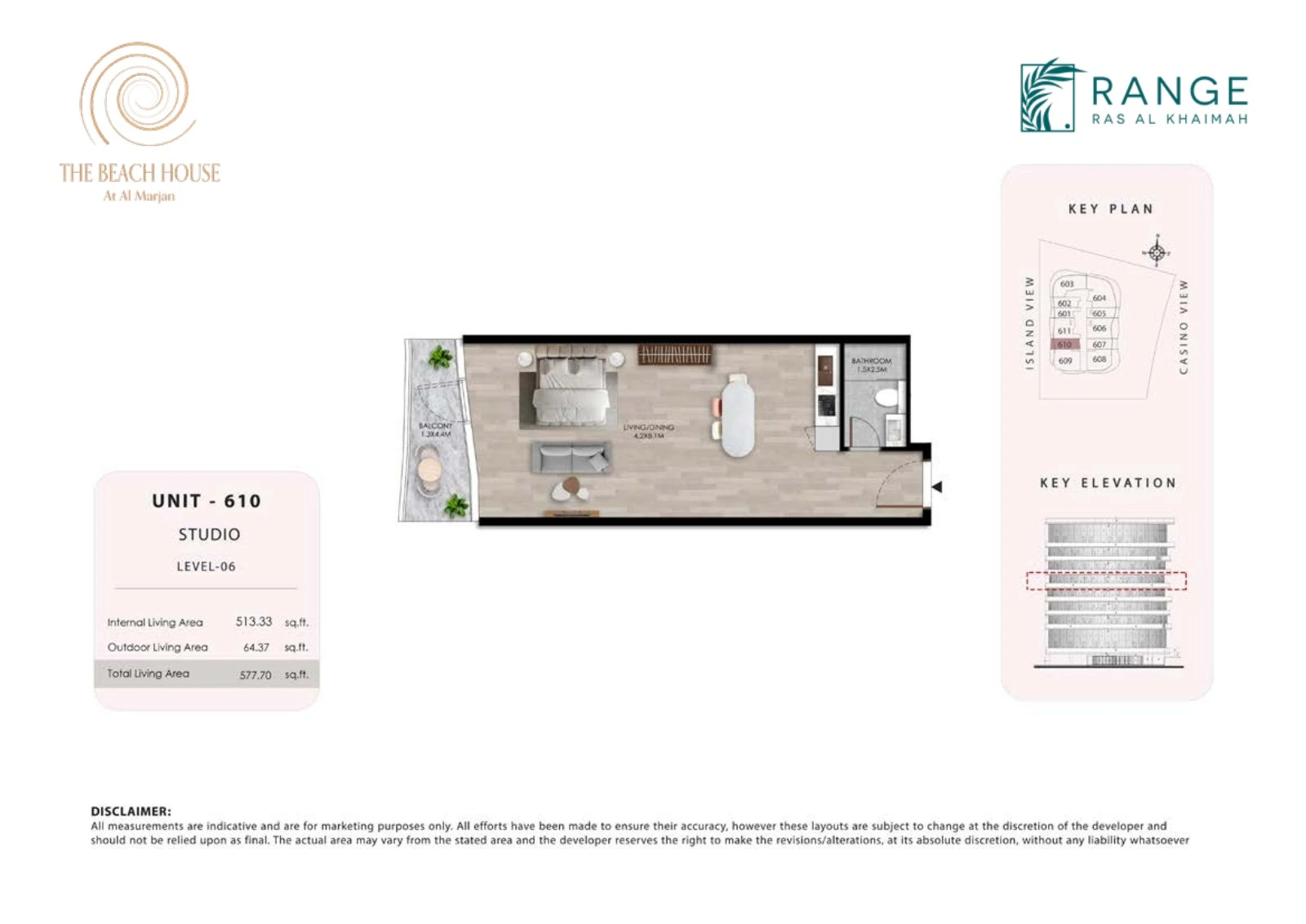 The Beach House studio Unit 610 apartment floor plan, 577.70 sq ft