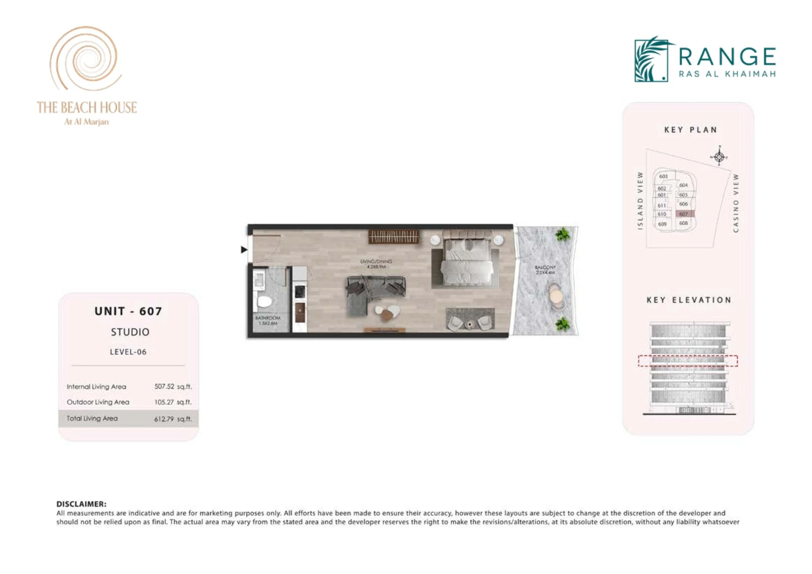 The Beach House studio Unit 607 apartment floor plan, 612.79 sq ft