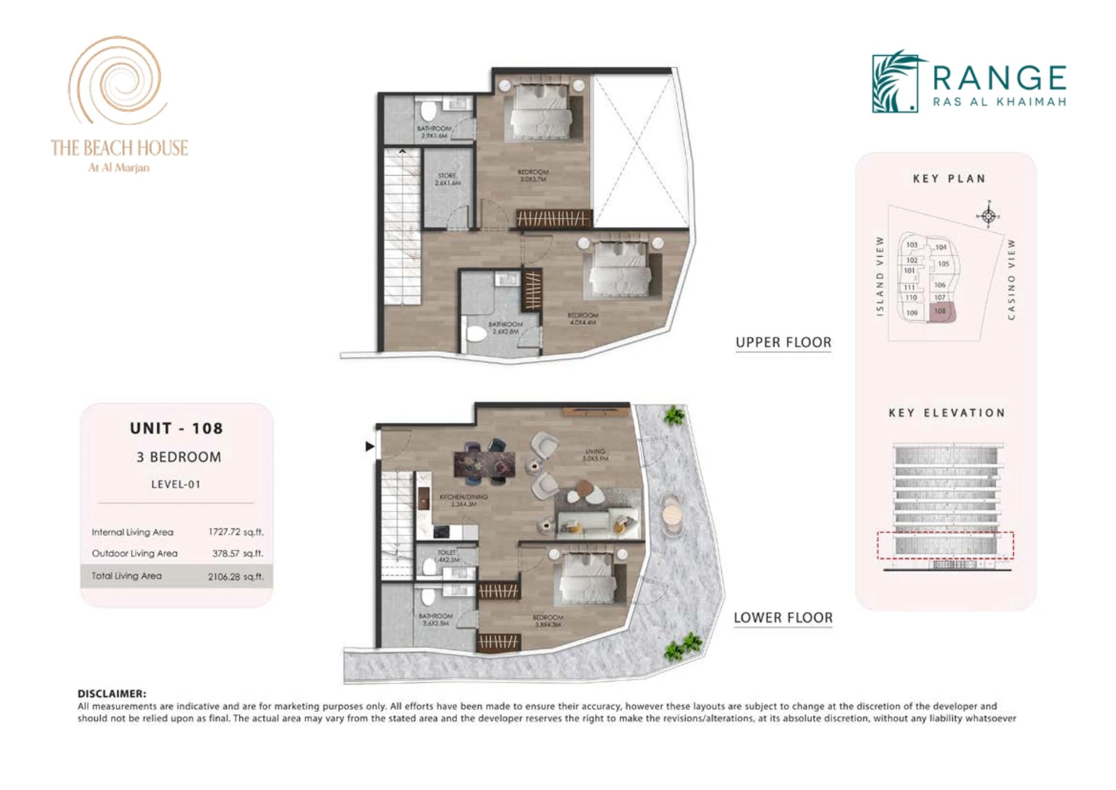 The Beach House 3 bedroom Unit 108 duplex floor plan showing upper and lower floors, 2,106.28 sq ft