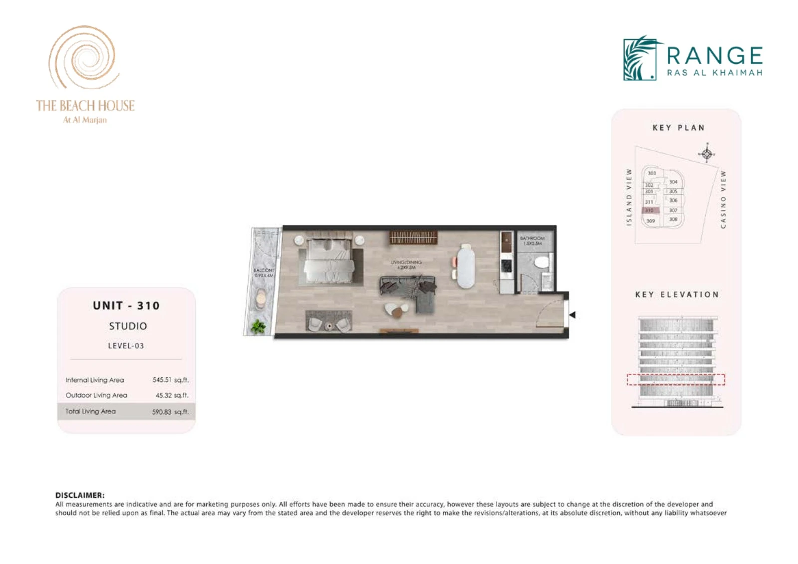 The Beach House studio Unit 310 apartment floor plan, 590.83 sq ft