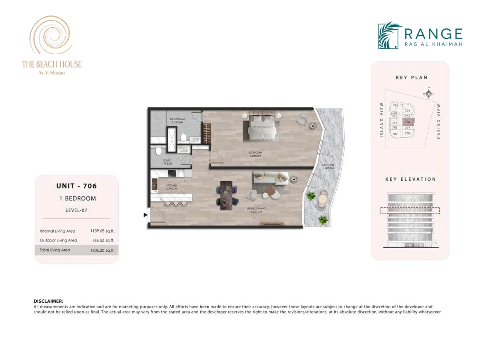 The Beach House 1 bedroom Unit 706 apartment floor plan, 1,306.20 sq ft