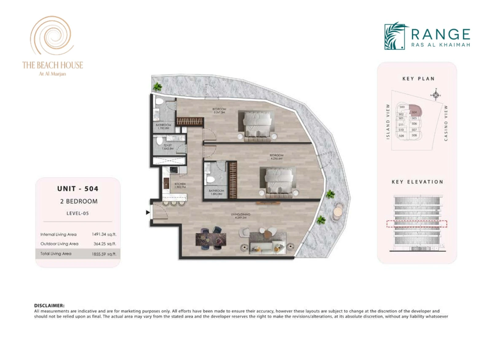 The Beach House 2 bedroom Unit 504 apartment floor plan, 1,855.59 sq ft