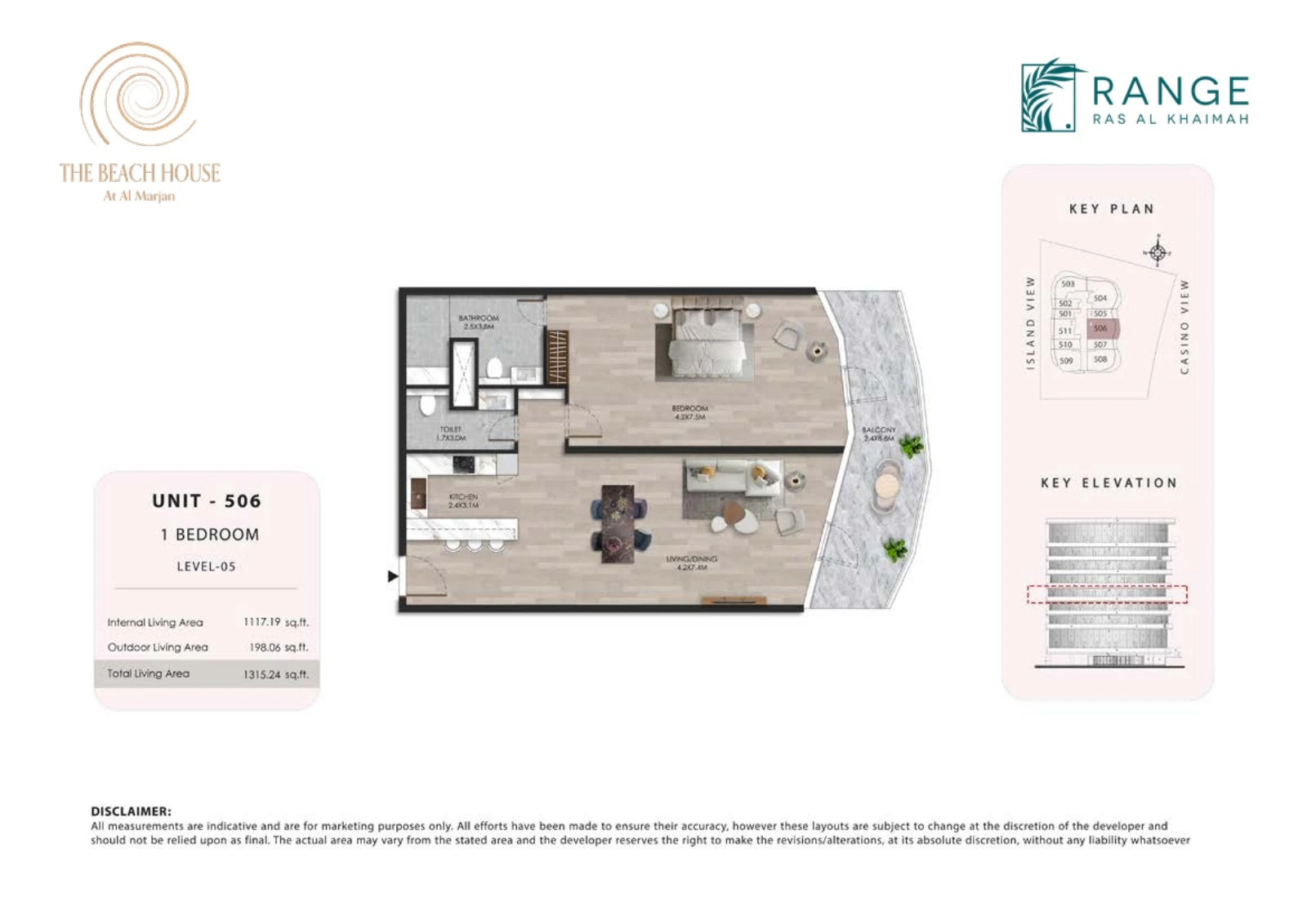 The Beach House 1 bedroom Unit 506 apartment floor plan, 1,315.24 sq ft