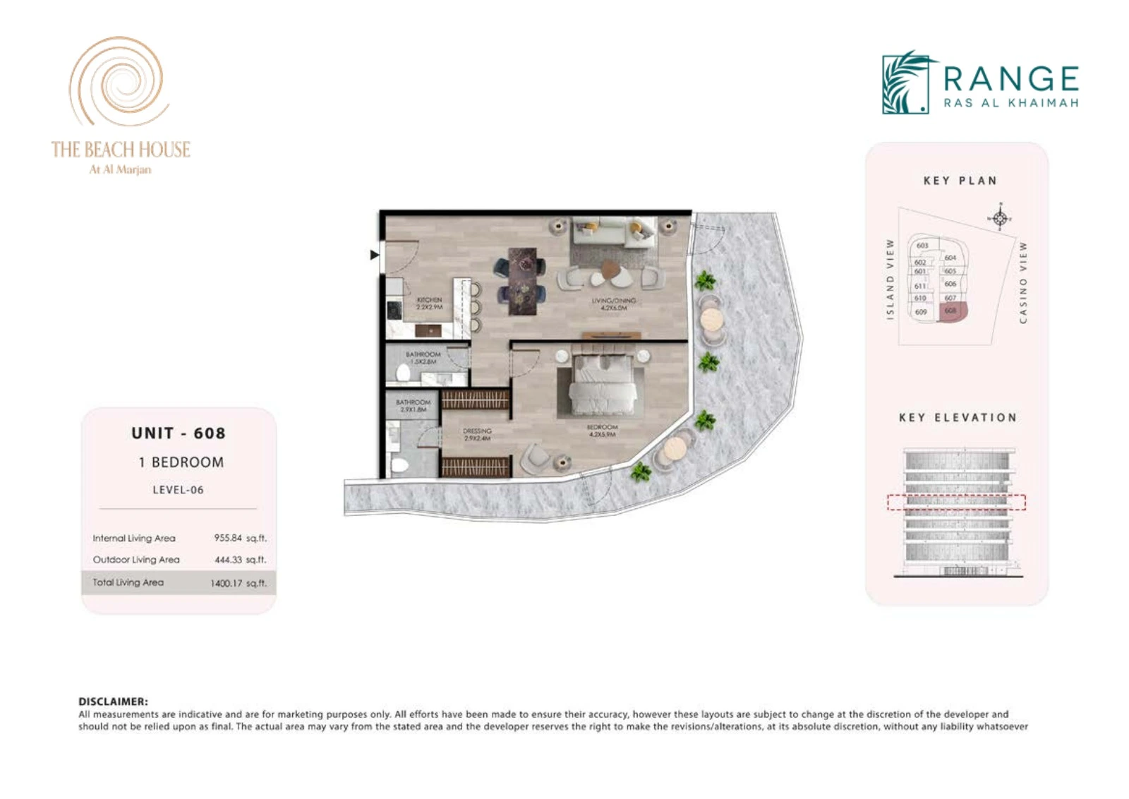 The Beach House 1 bedroom Unit 608 apartment floor plan, 1,400.17 sq ft