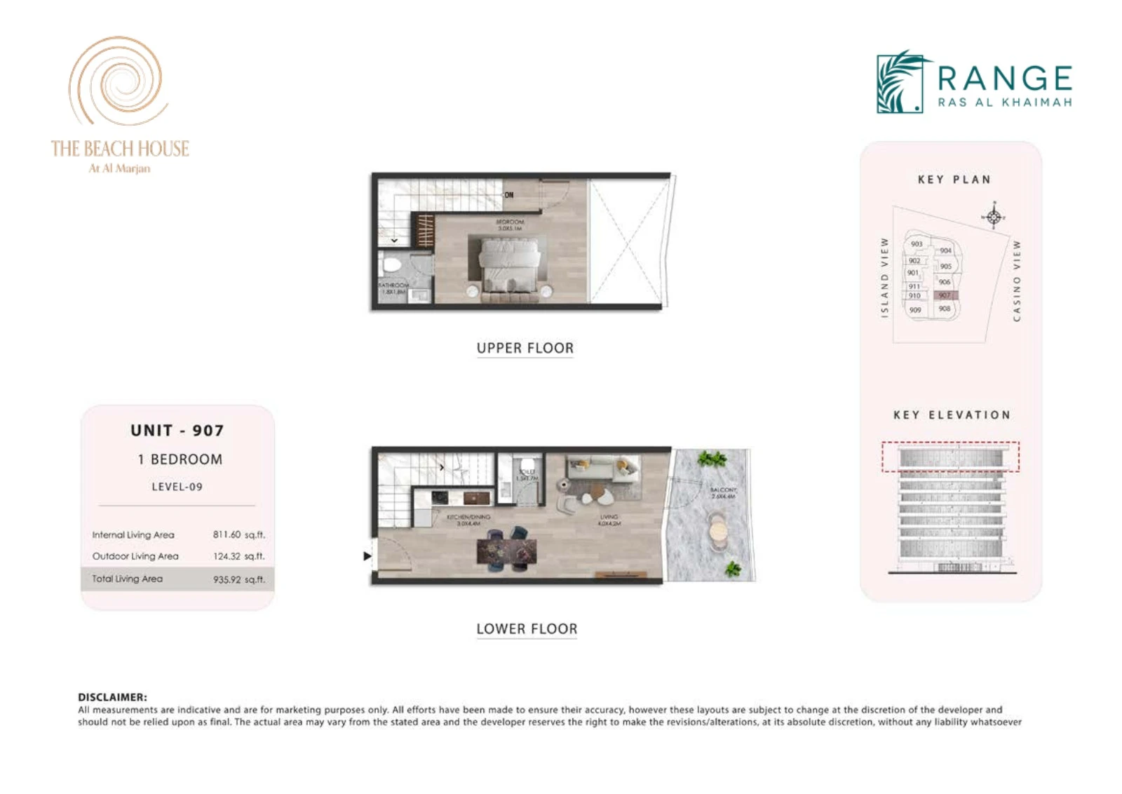 The Beach House 1 bedroom Unit 907 duplex floor plan showing upper and lower floors, 935.92 sq ft