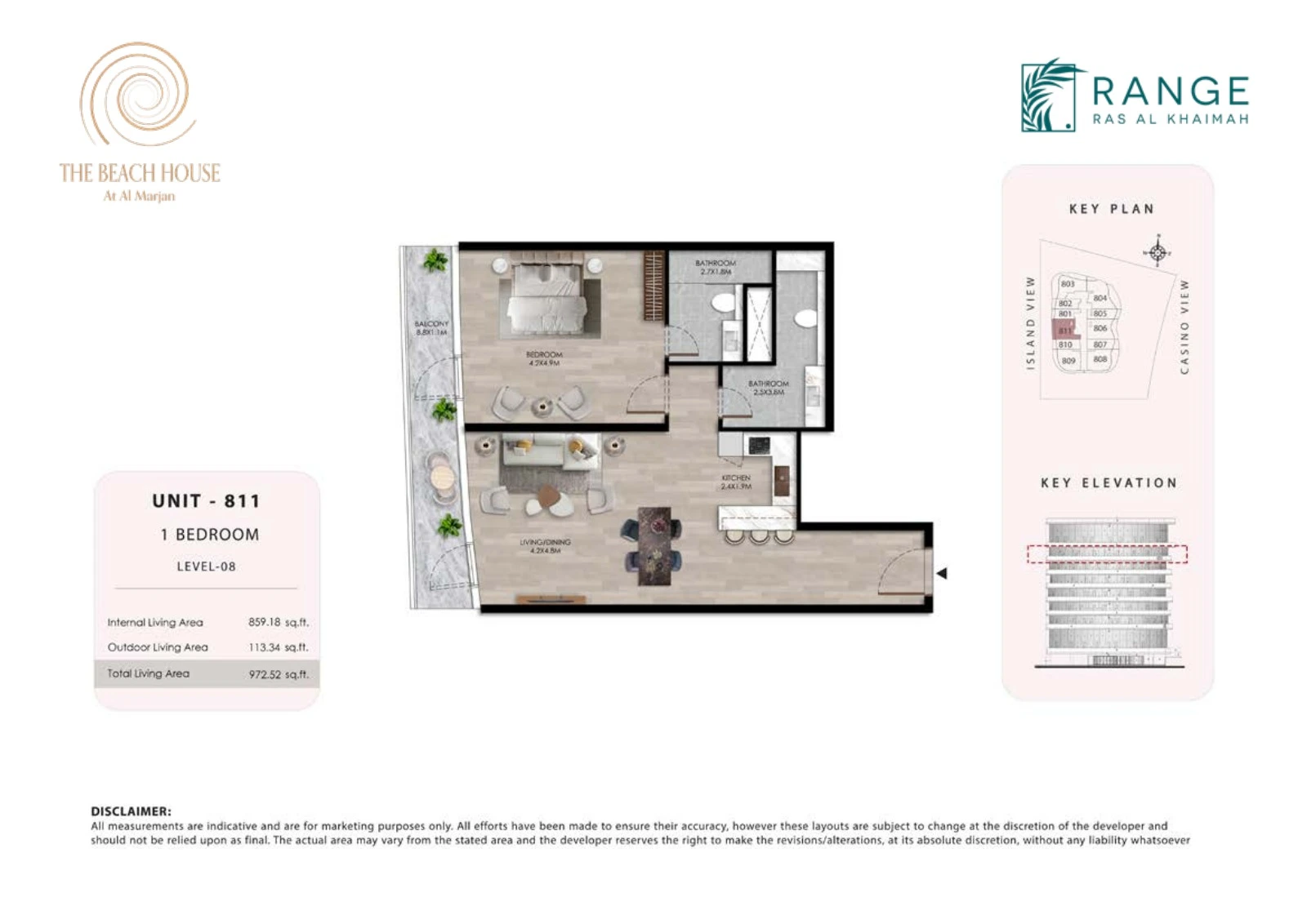 The Beach House 1 bedroom Unit 811 apartment floor plan, 972.52 sq ft