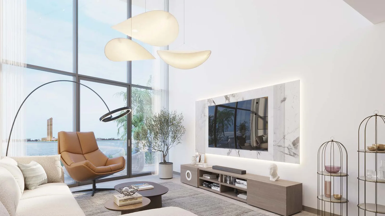 Living room interior at The Beach House with full-height windows