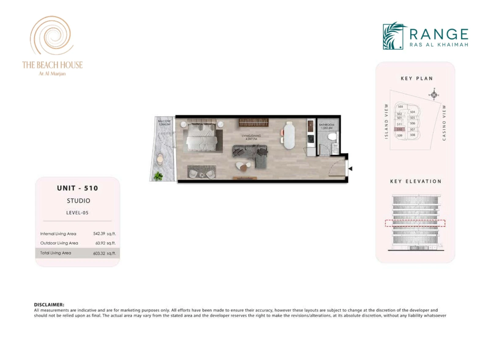 The Beach House studio Unit 510 apartment floor plan, 603.32 sq ft
