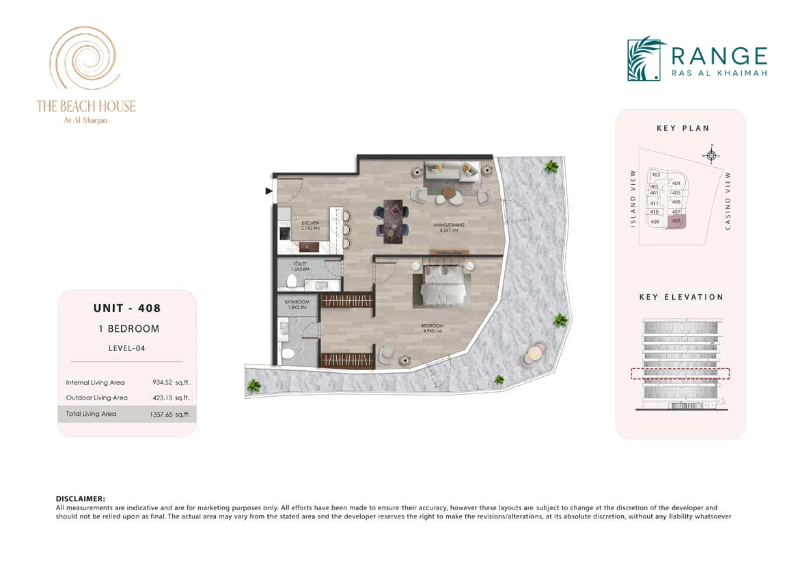 The Beach House 1 bedroom Unit 408 apartment floor plan, 1,357.65 sq ft