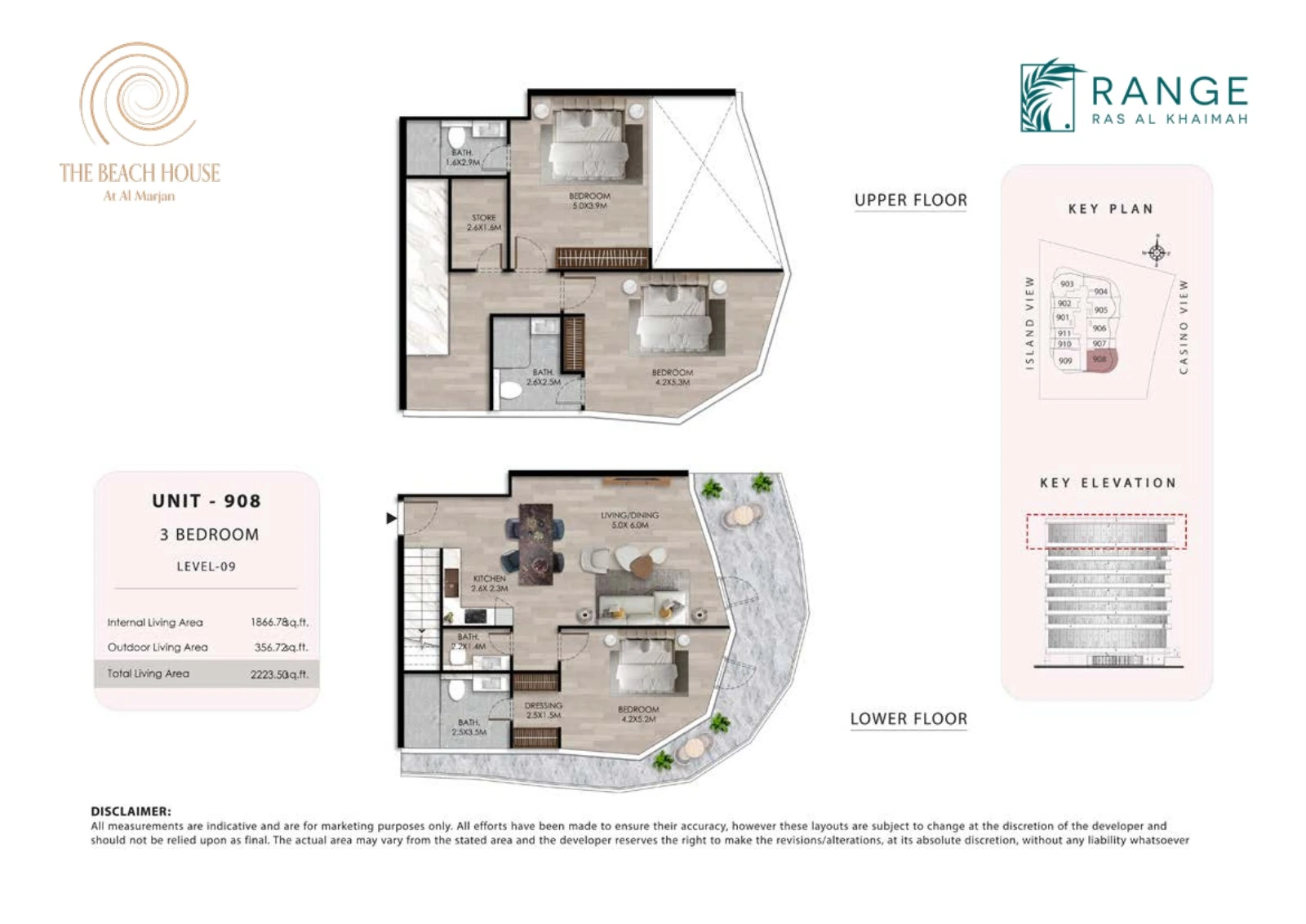 The Beach House 3 bedroom Unit 908 duplex floor plan showing upper and lower floors, 2,223.50 sq ft