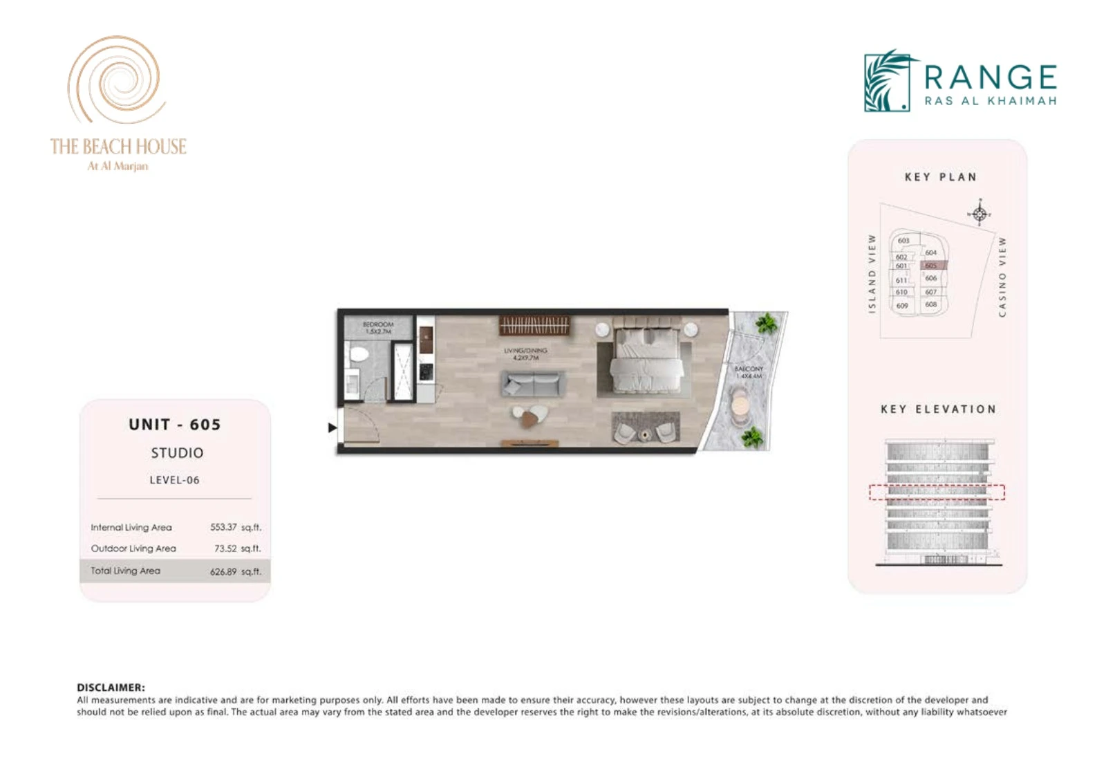 The Beach House studio Unit 605 apartment floor plan, 626.89 sq ft