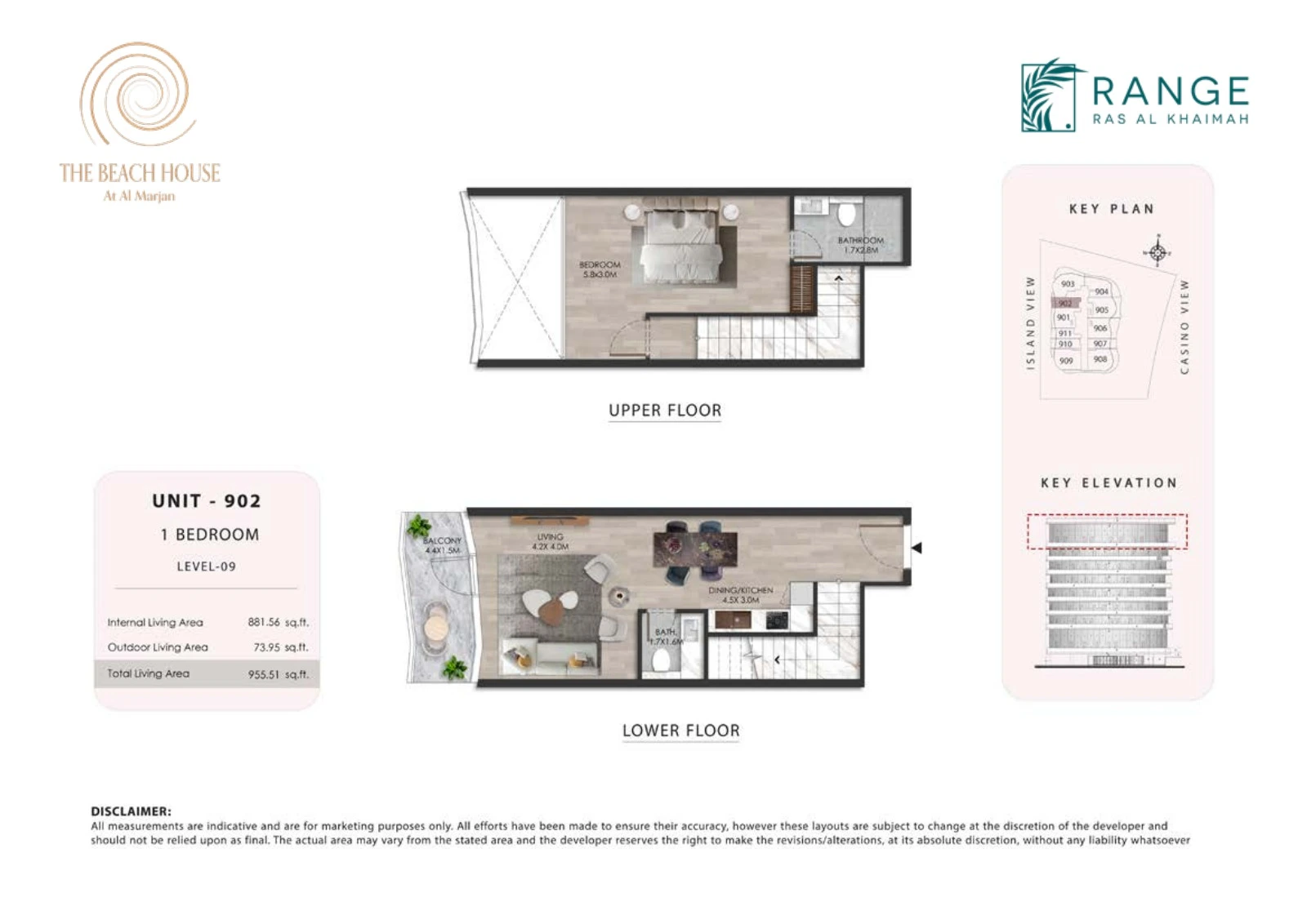 The Beach House 1 bedroom Unit 902 duplex floor plan showing upper and lower floors, 955.51 sq ft