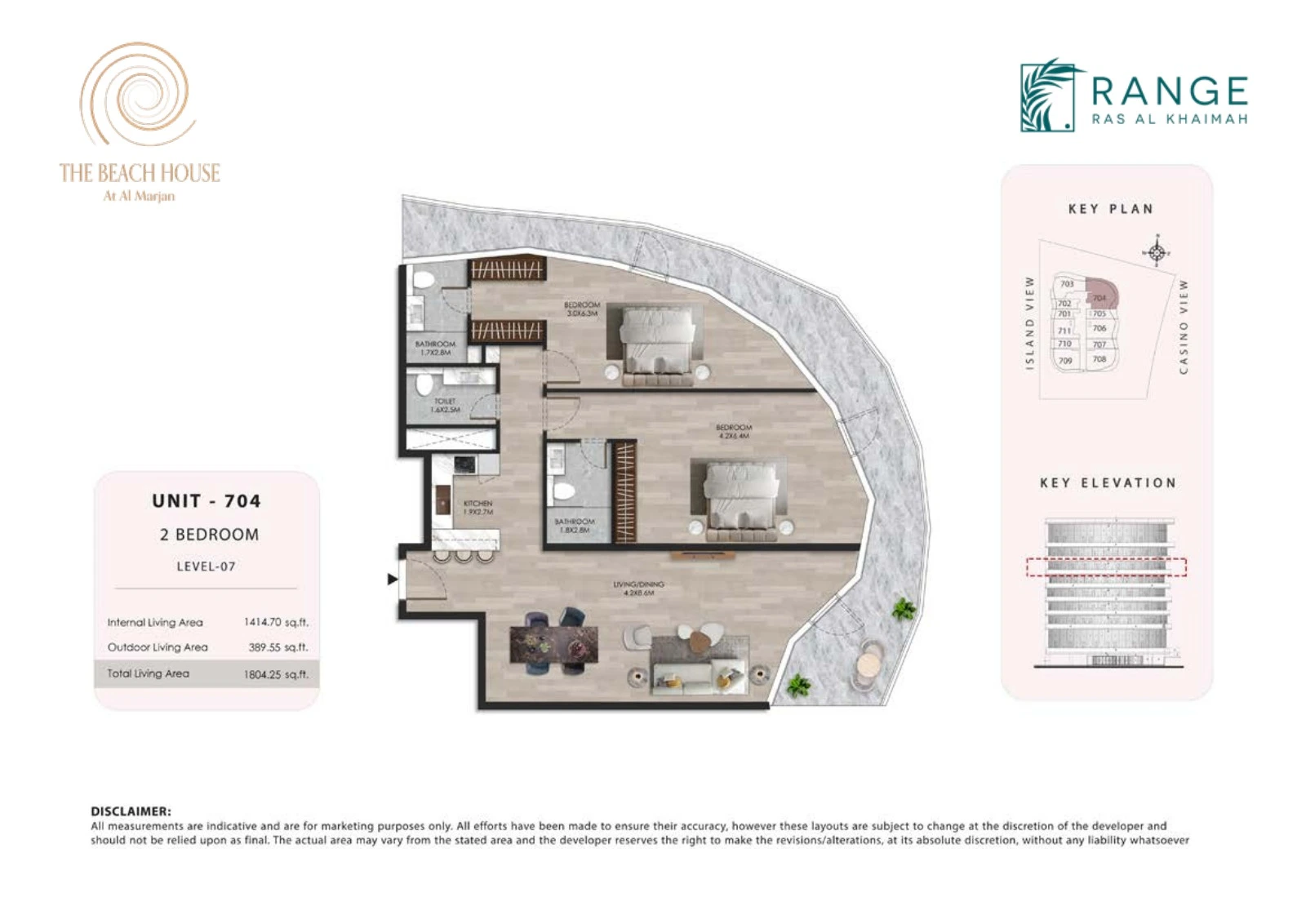 The Beach House 2 bedroom Unit 704 apartment floor plan, 1,804.25 sq ft