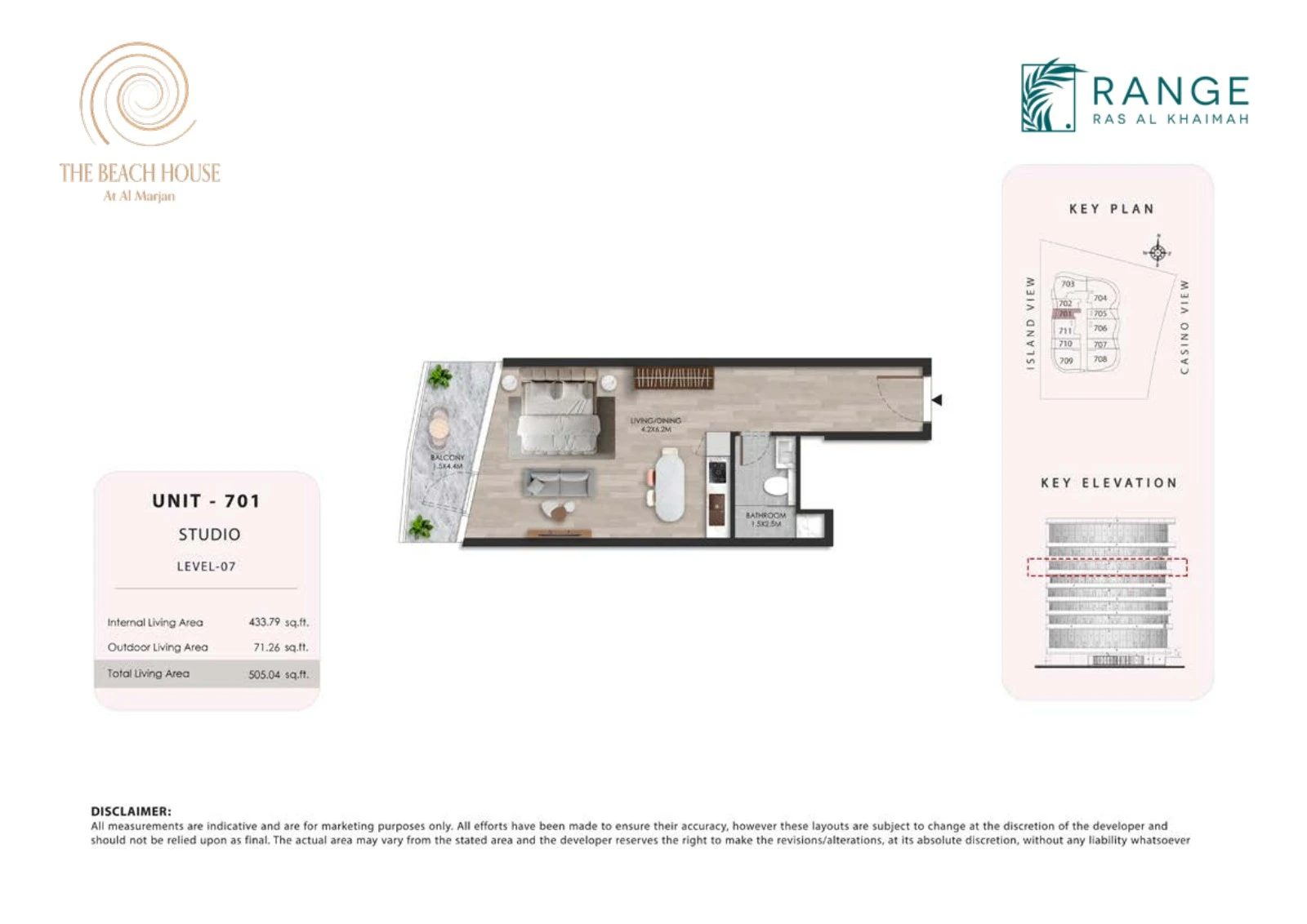 The Beach House studio Unit 701 apartment floor plan, 505.04 sq ft