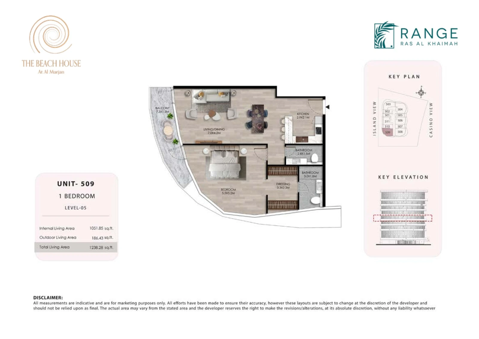 The Beach House 1 bedroom Unit 509 apartment floor plan, 1,238.28 sq ft