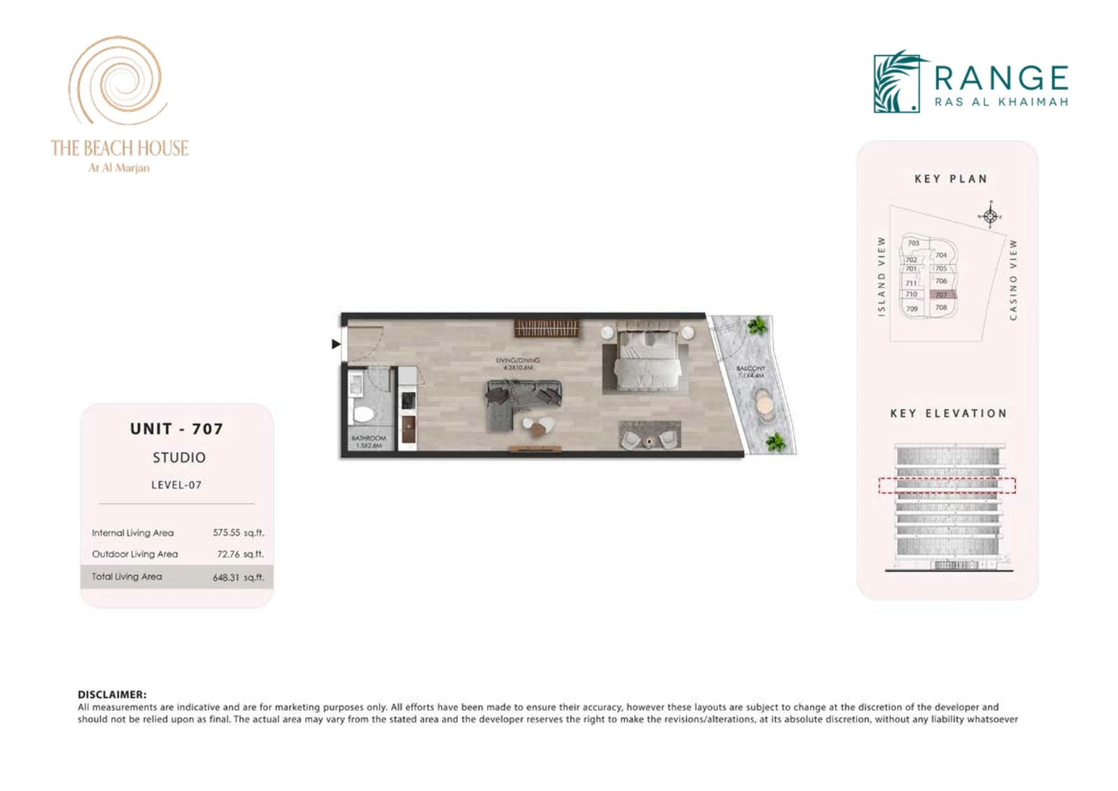 The Beach House studio Unit 707 apartment floor plan, 648.31 sq ft
