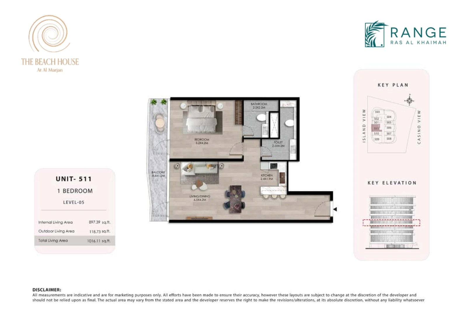 The Beach House 1 bedroom Unit 511 apartment floor plan, 1,016.11 sq ft
