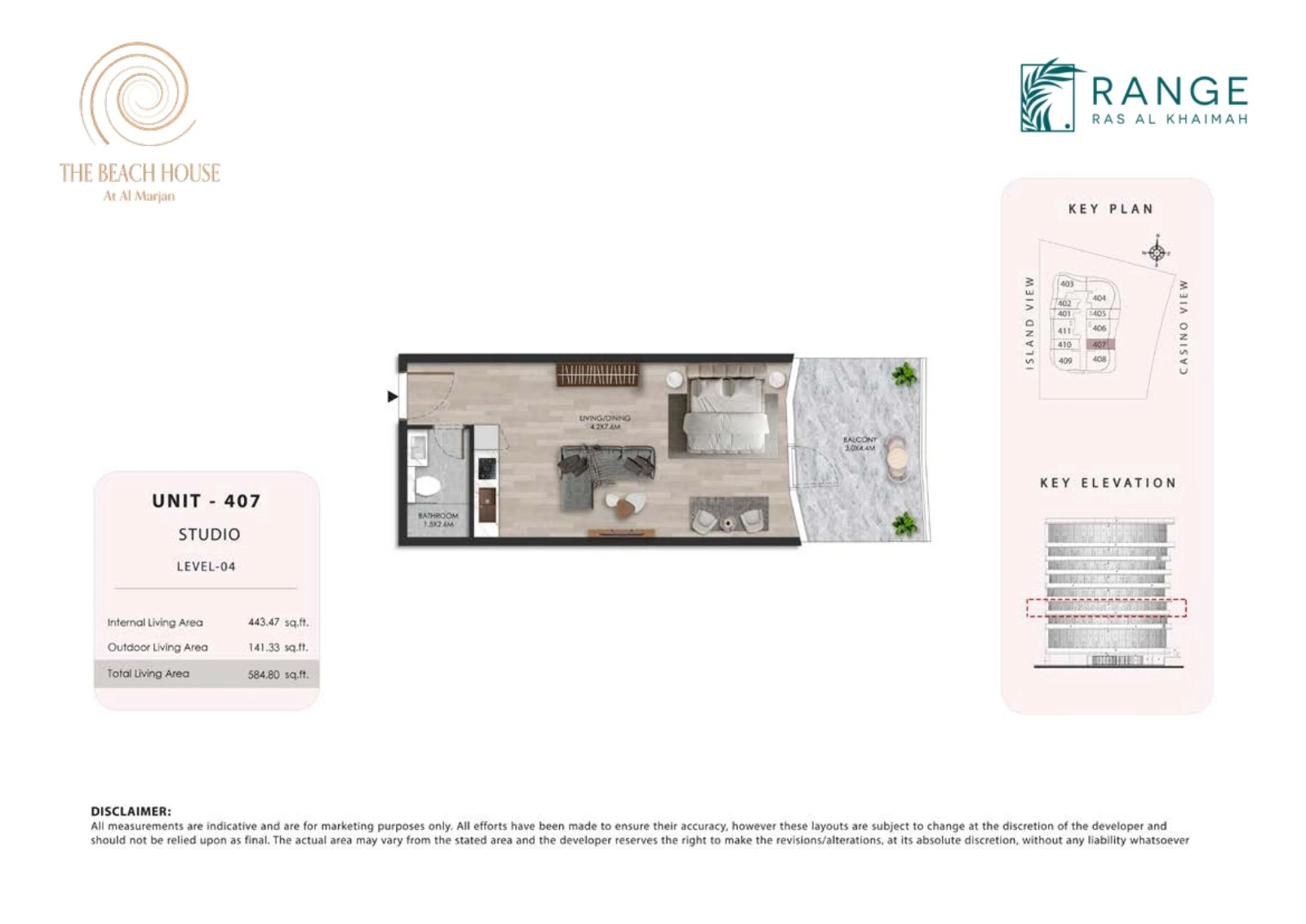 The Beach House studio Unit 407 apartment floor plan, 584.80 sq ft