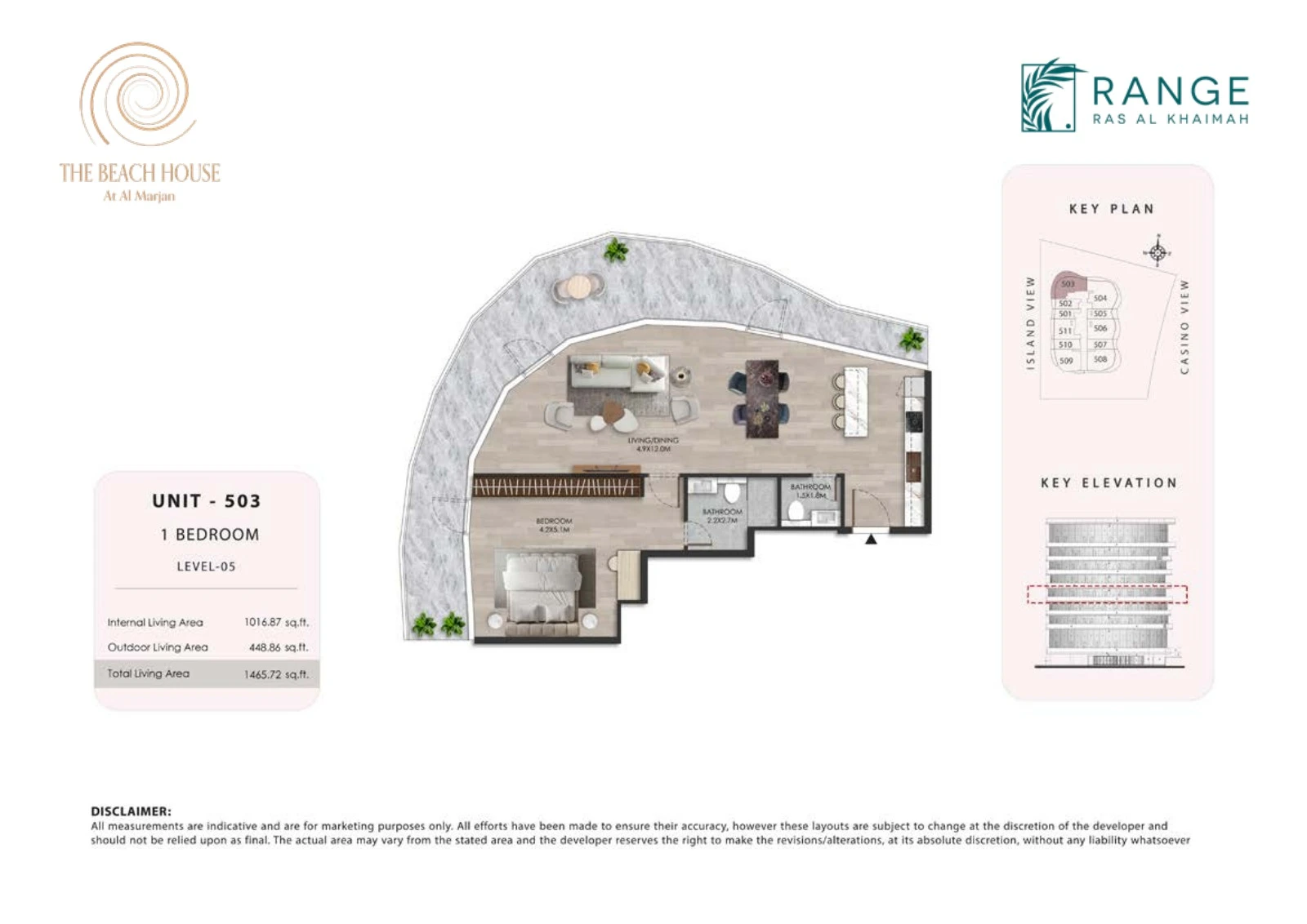 The Beach House 1 bedroom Unit 503 apartment floor plan, 1,465.72 sq ft