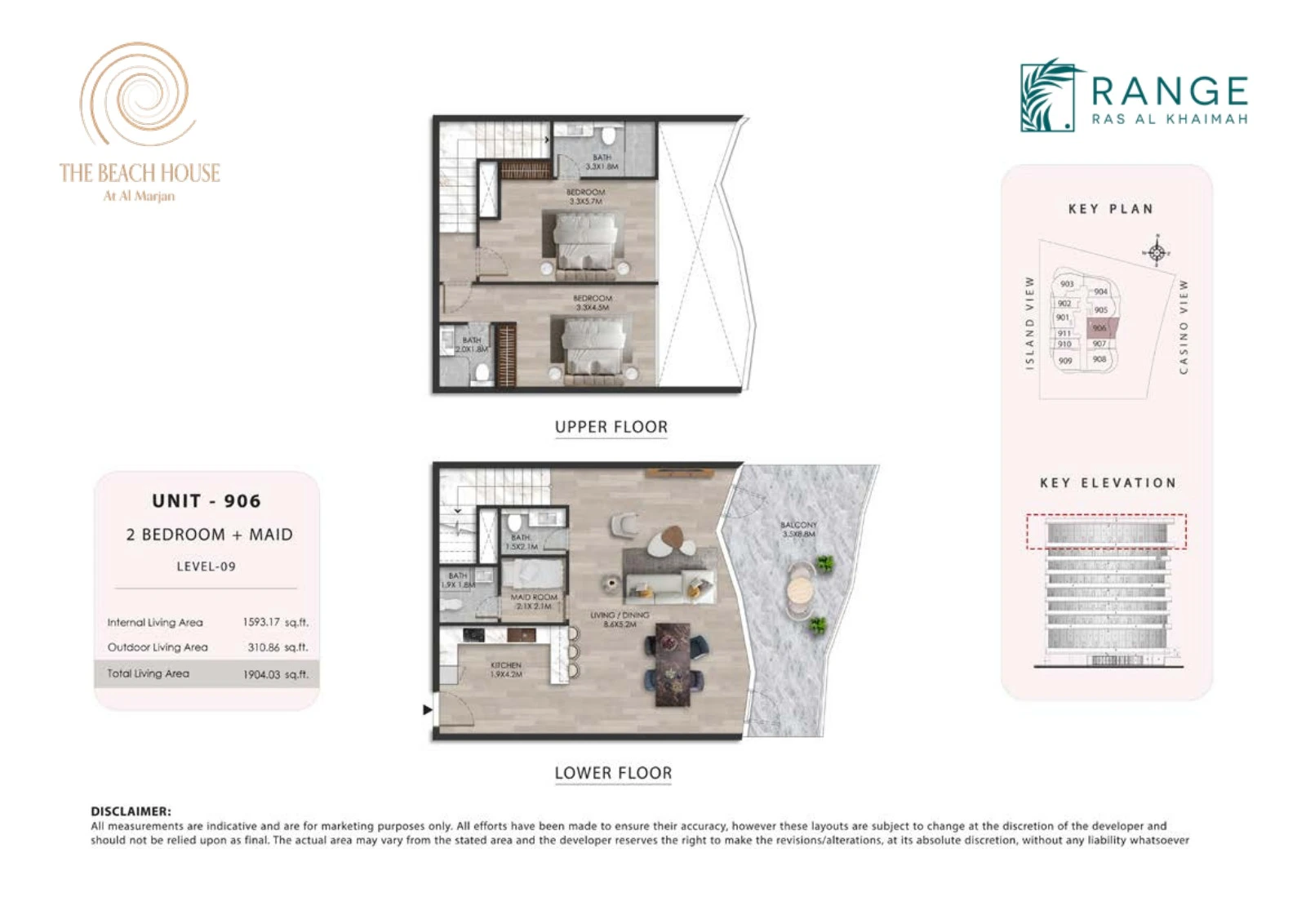 The Beach House 2 bedroom + maid Unit 906 duplex floor plan showing upper and lower floors, 1,904.03 sq ft