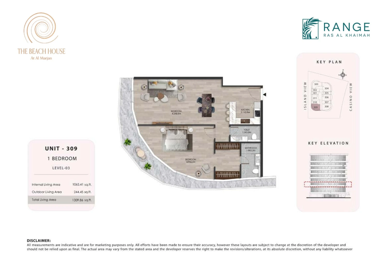 The Beach House 1 bedroom Unit 309 apartment floor plan, 1,309.86 sq ft