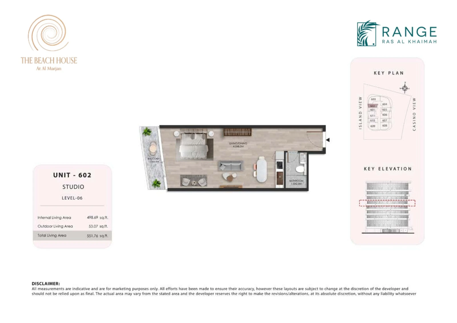 The Beach House studio Unit 602 apartment floor plan, 551.76 sq ft
