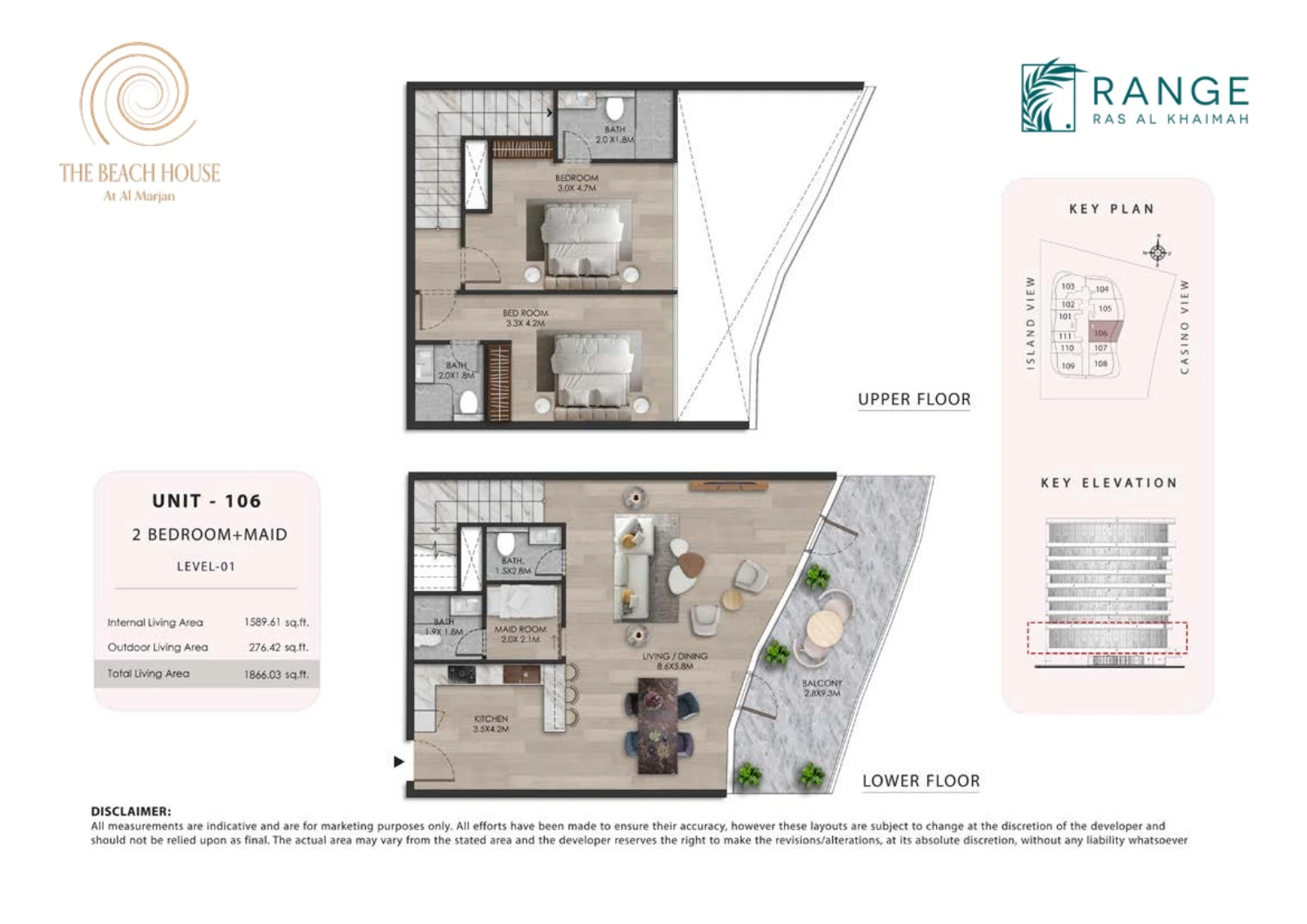 The Beach House 2 bedroom + maid Unit 106 duplex floor plan showing upper and lower floors, 1,866.03 sq ft