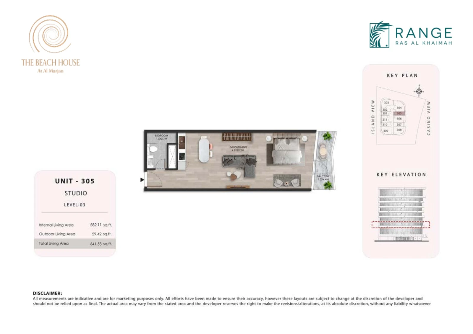 The Beach House studio Unit 305 apartment floor plan, 641.53 sq ft