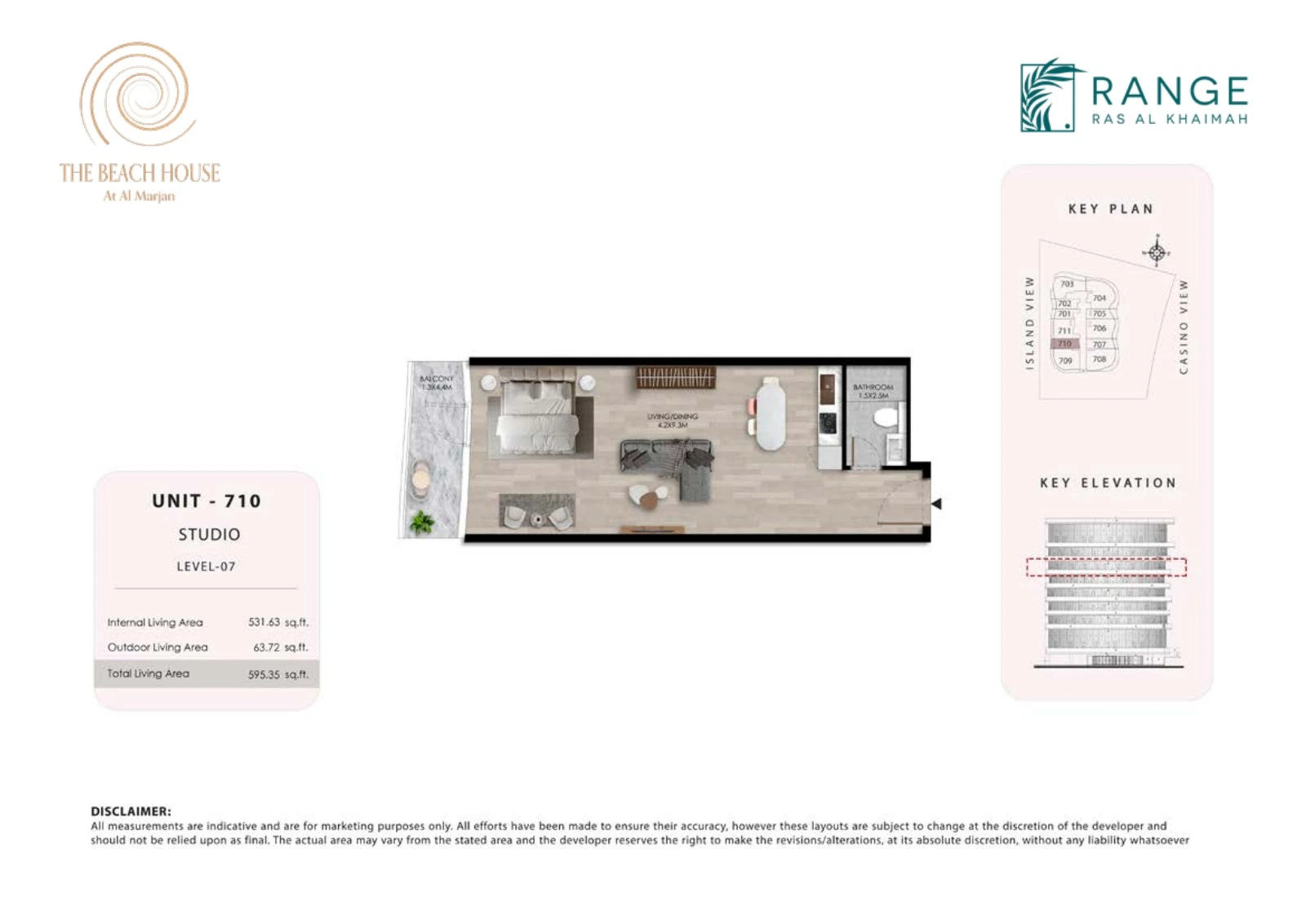 The Beach House studio Unit 710 apartment floor plan, 595.35 sq ft