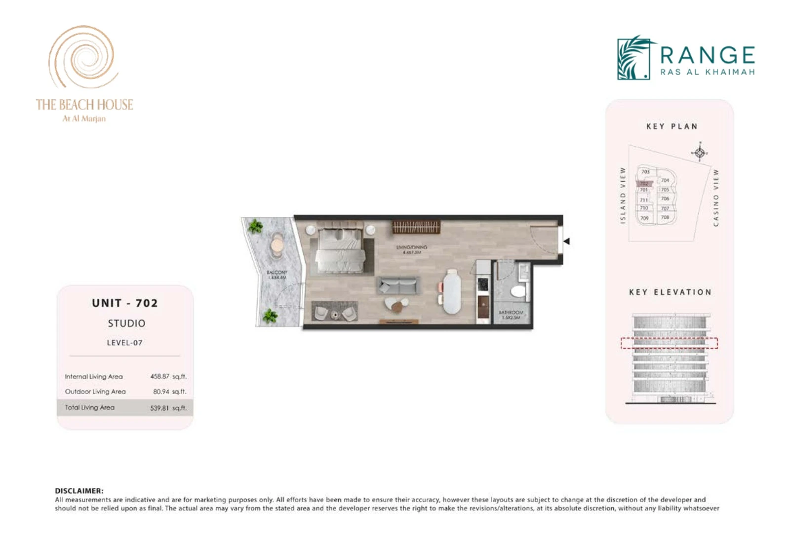 The Beach House studio Unit 702 apartment floor plan, 539.81 sq ft