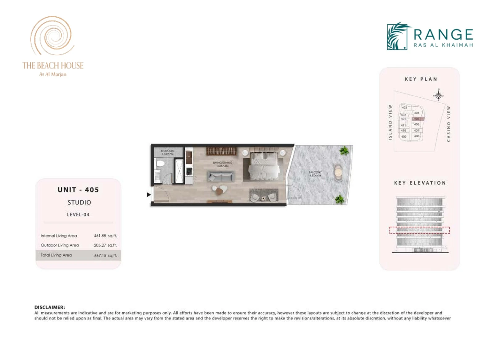 The Beach House studio Unit 405 apartment floor plan, 667.15 sq ft