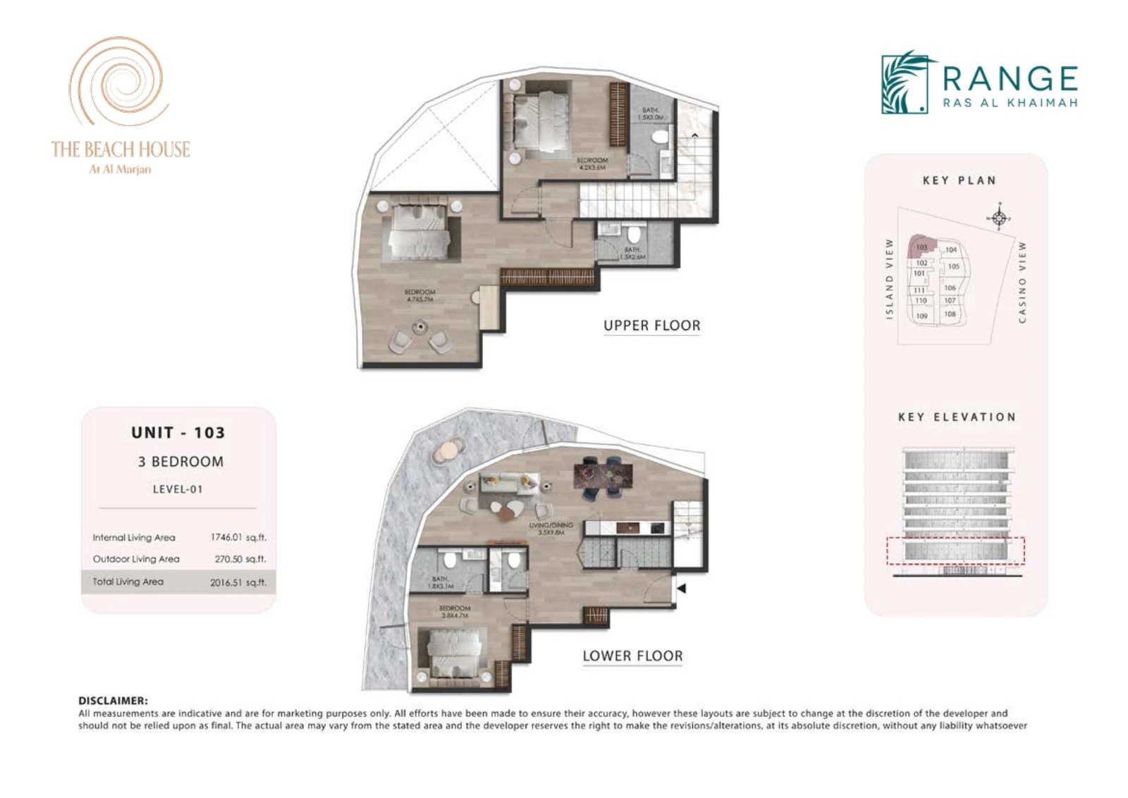 The Beach House 3 bedroom Unit 103 duplex floor plan showing upper and lower floors, 2,016.51 sq ft