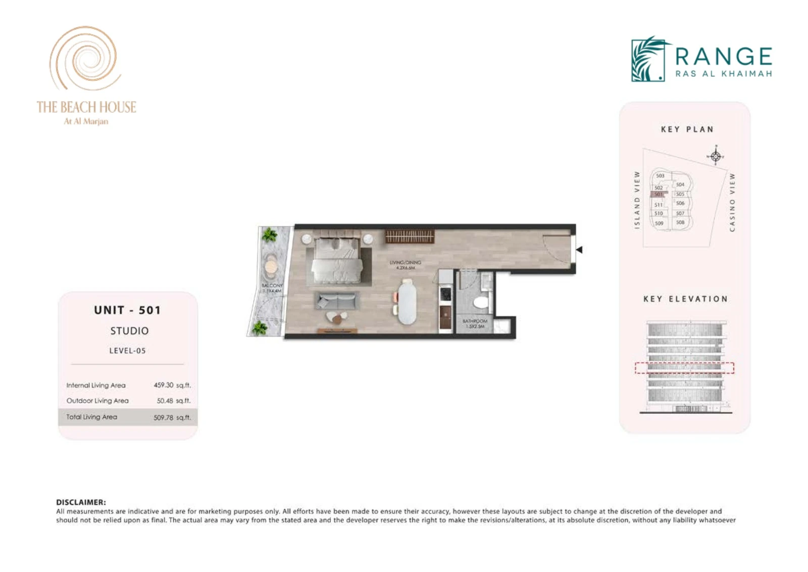 The Beach House studio Unit 501 apartment floor plan, 509.78 sq ft